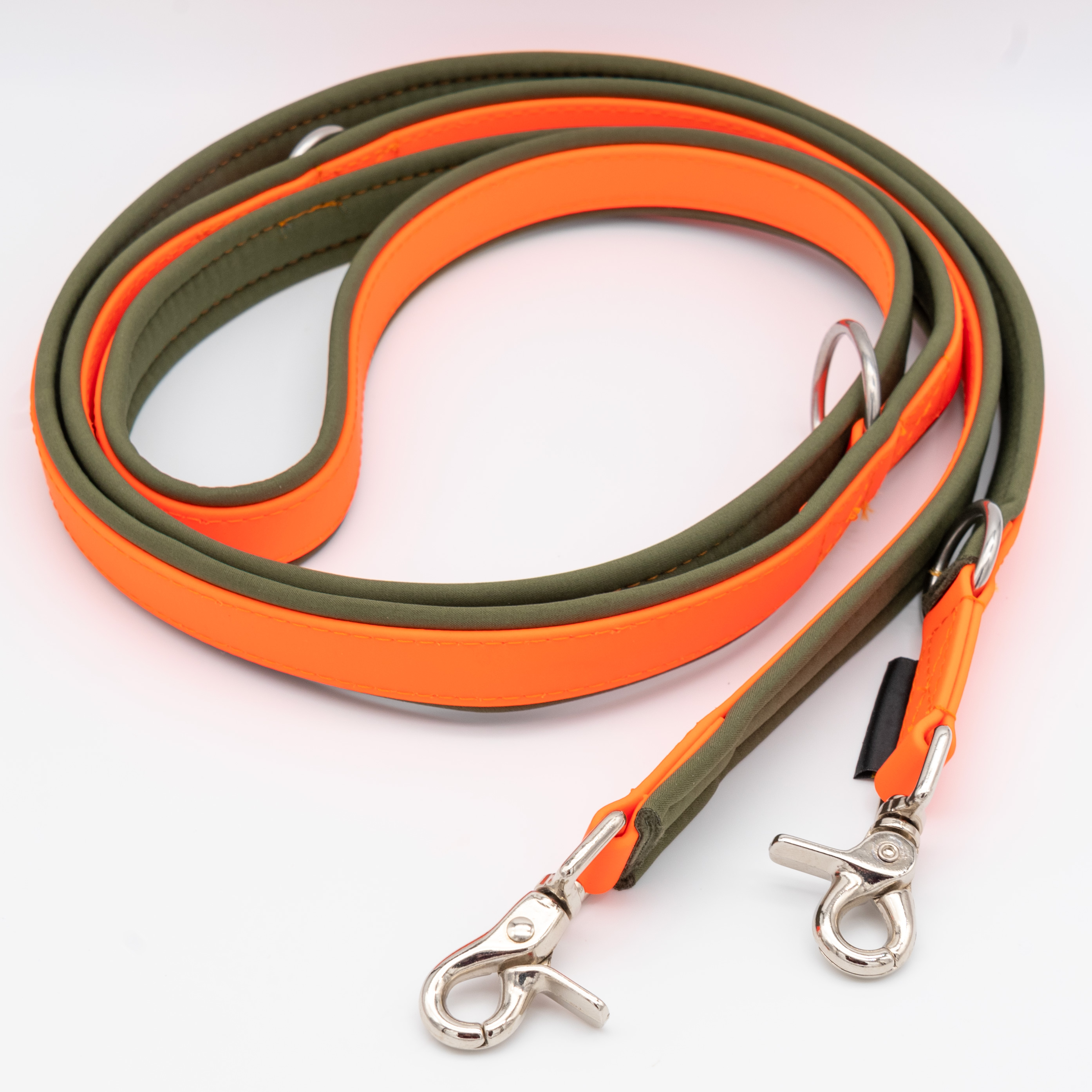 Biothane Führleine 2,50 m in Orange/Olive, 3-fach verstellbar, Softshell-gepolstert