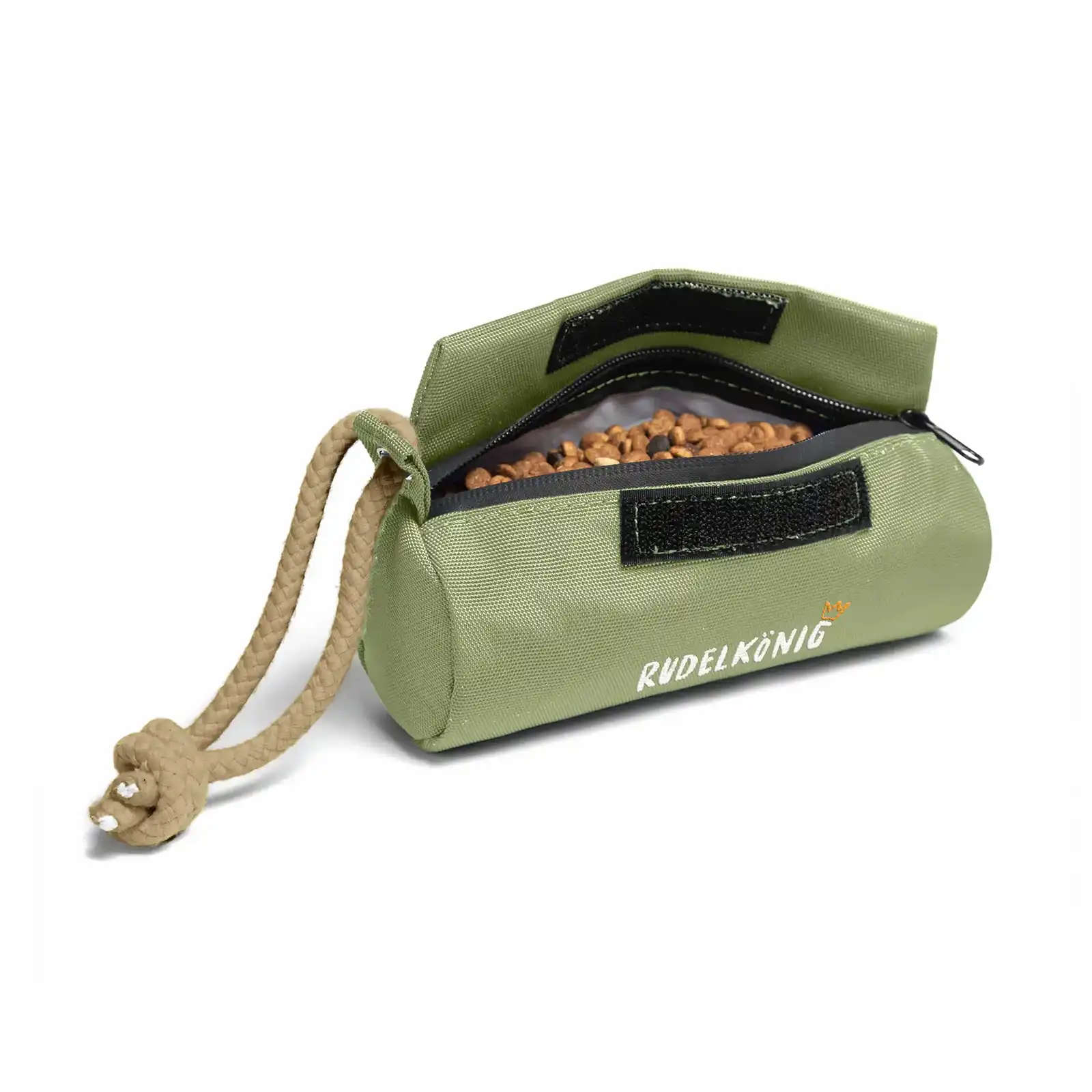 Rudelkönig Leckerlibeutel in Olive, geöffnet mit sichtbarem Inhalt und praktischem Kordelverschluss.