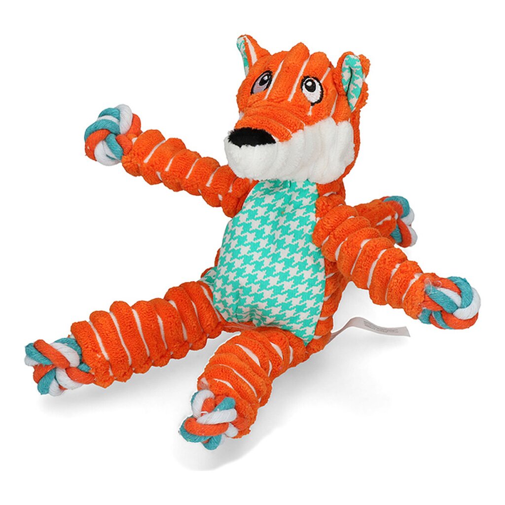 KONG Floppy Knots Fox Hundespielzeug in Orange und Braun, weicher Plüschfuchs mit stabilem Seilkörper und integriertem Quietscher, in Originalverpackung.