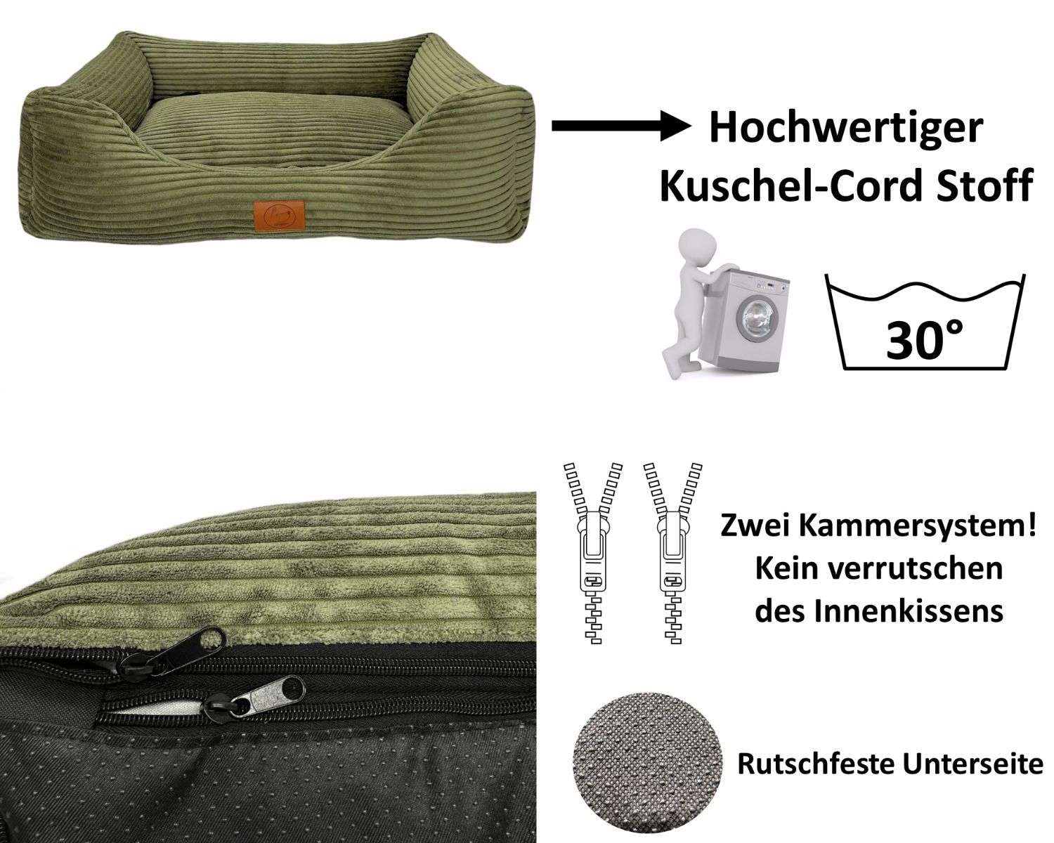 Orthopädisches Hundebett San Marino in Olivgrün aus kuscheligem Cordstoff mit Zwei-Kammer-System, abnehmbarem Bezug und rutschfester Unterseite, pflegeleicht bei 30 Grad waschbar