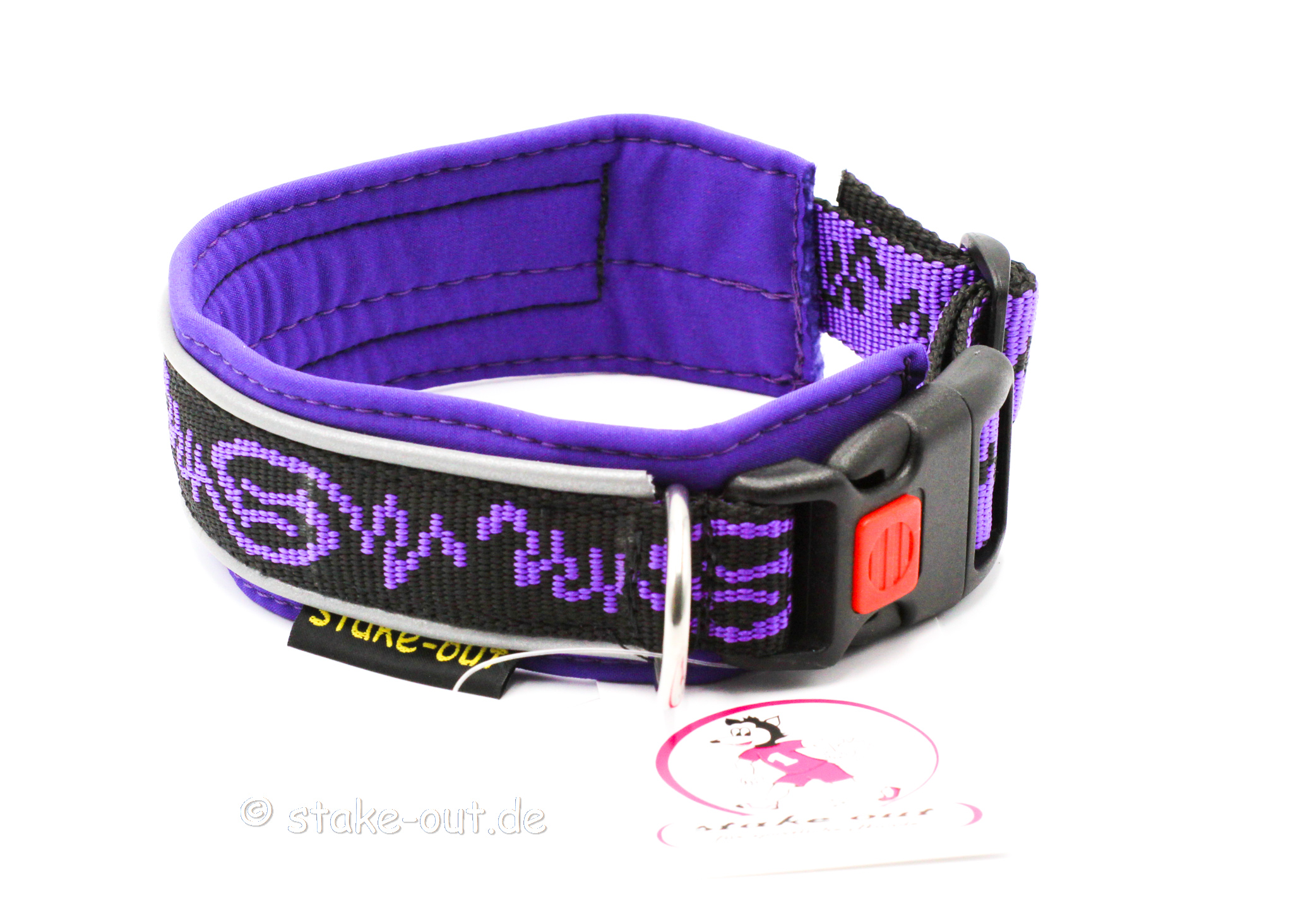 Outdoor Hundehalsband in Lila/Schwarz mit Softshell-Polsterung und reflektierender Kantenborte