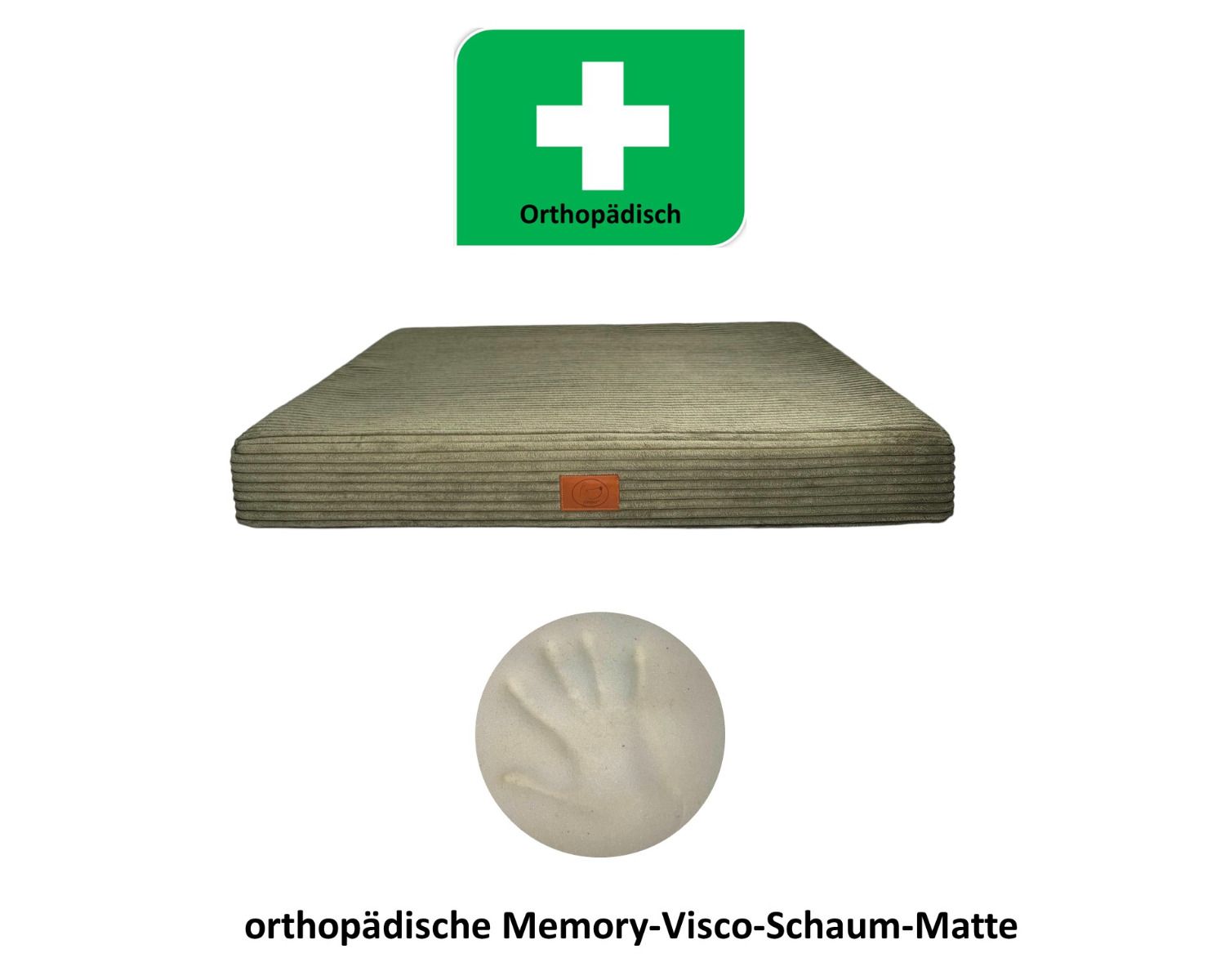 Orthopädische Hundematte San Marino in Olivgrün mit Memory-Visco-Schaumkern und grünem Orthopädie-Symbol
