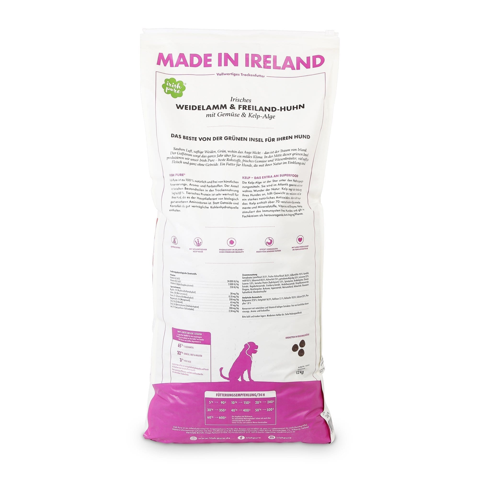 Rückseite der Irish Pure Adult Hundefutterverpackung mit Weidelamm und Freiland-Huhn, 1,5 kg