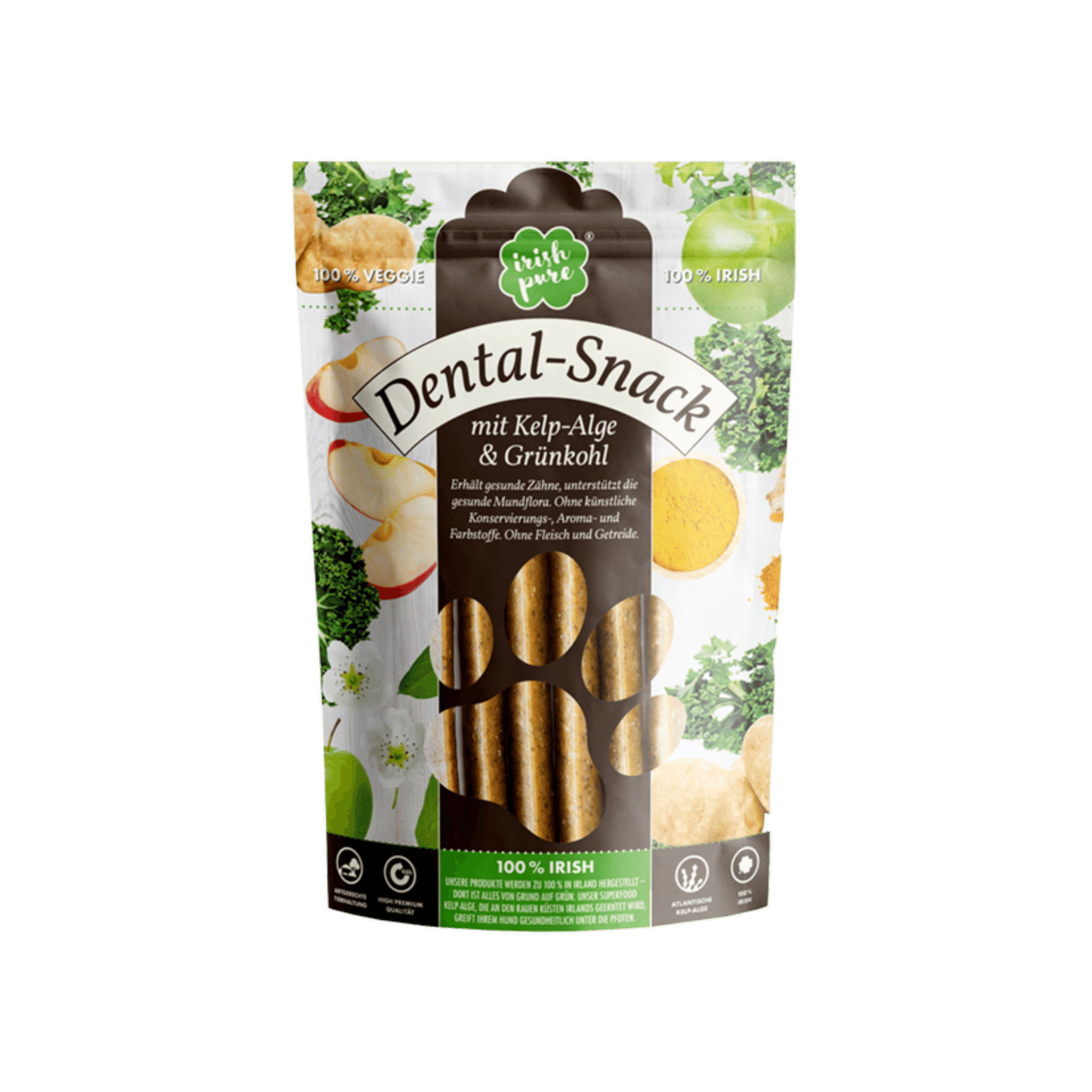 Irish Pure Dental Snack mit Kelp-Alge und Grünkohl für Hunde, vegetarischer Zahnpflegesnack, Vorderseite der Verpackung
