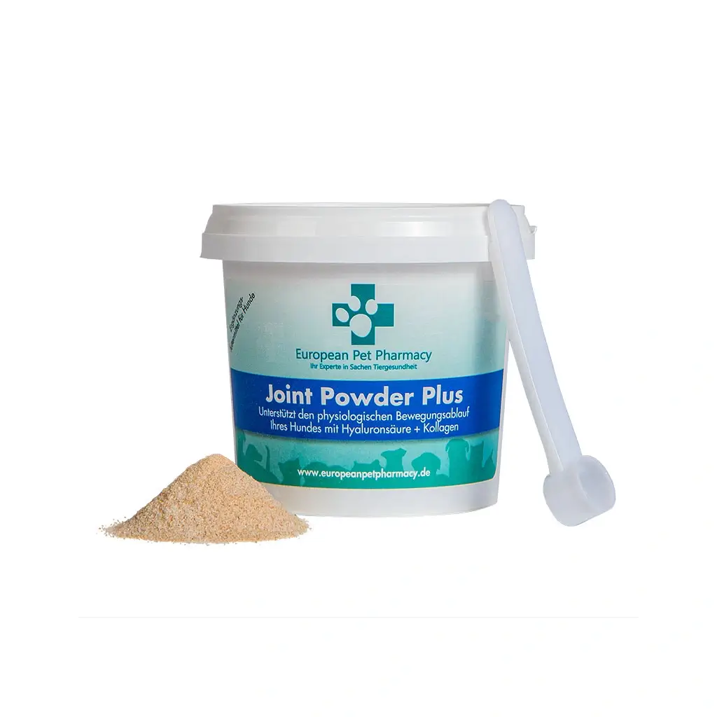 European Pet Pharmacy Joint Powder Plus Pulver mit Messlöffel und Pulverhäufchen, zur Unterstützung der Gelenke und Beweglichkeit bei Hunden