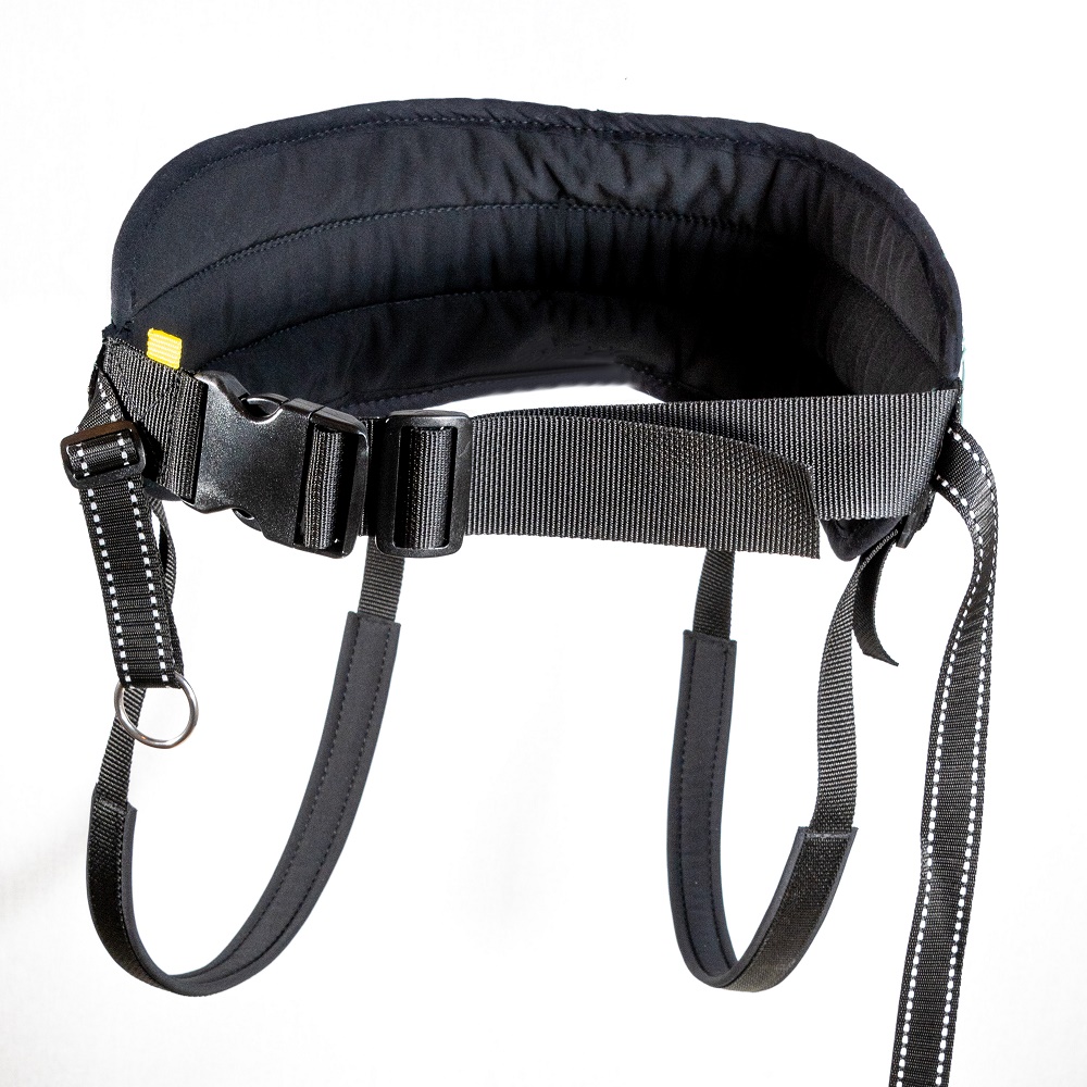 Zughundegürtel in Schwarz mit gepolsterter Rückseite, verstellbaren Beinschlaufen und stabilem Klickverschluss auf weißem Hintergrund
