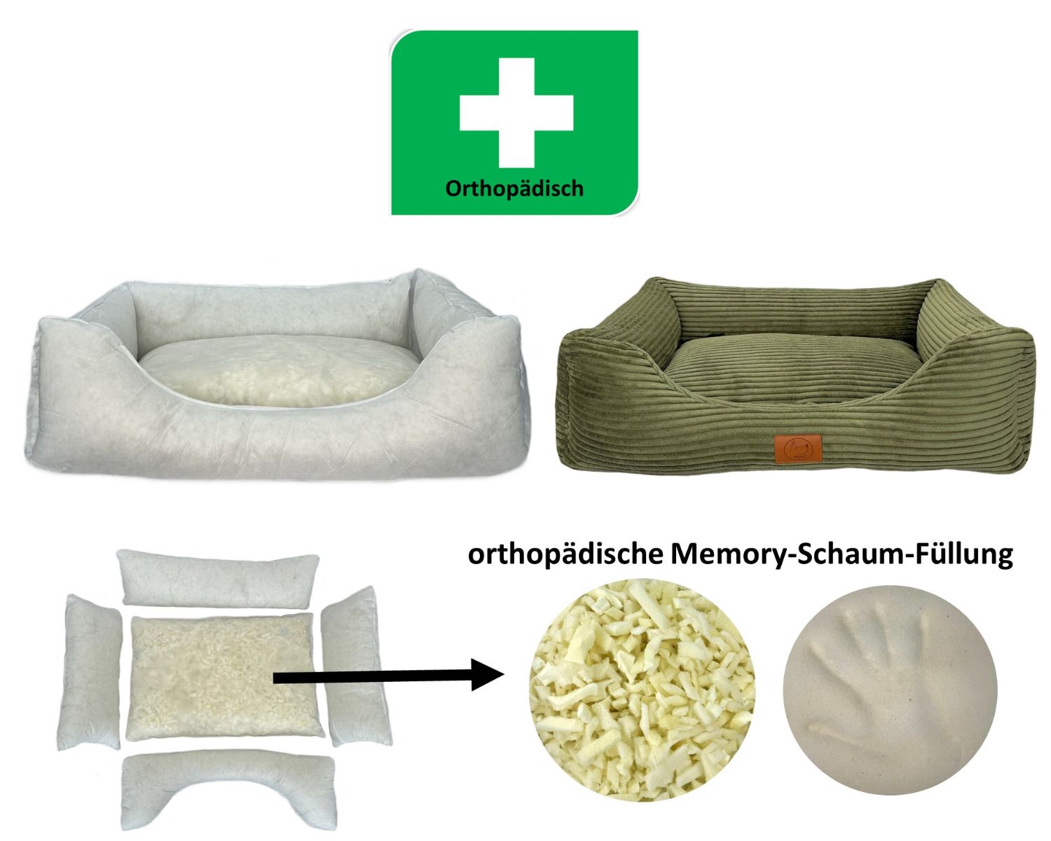 Orthopädisches Hundebett San Marino in Olivgrün mit komfortabler Memory-Schaum-Füllung und herausnehmbaren Innenpolstern für gelenkschonendes Liegen