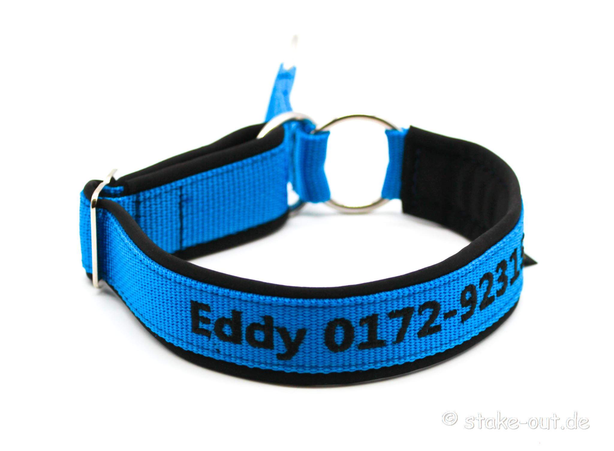 Besticktes Zugstopp-Halsband in Blau/Schwarz mit Softshell-Polsterung