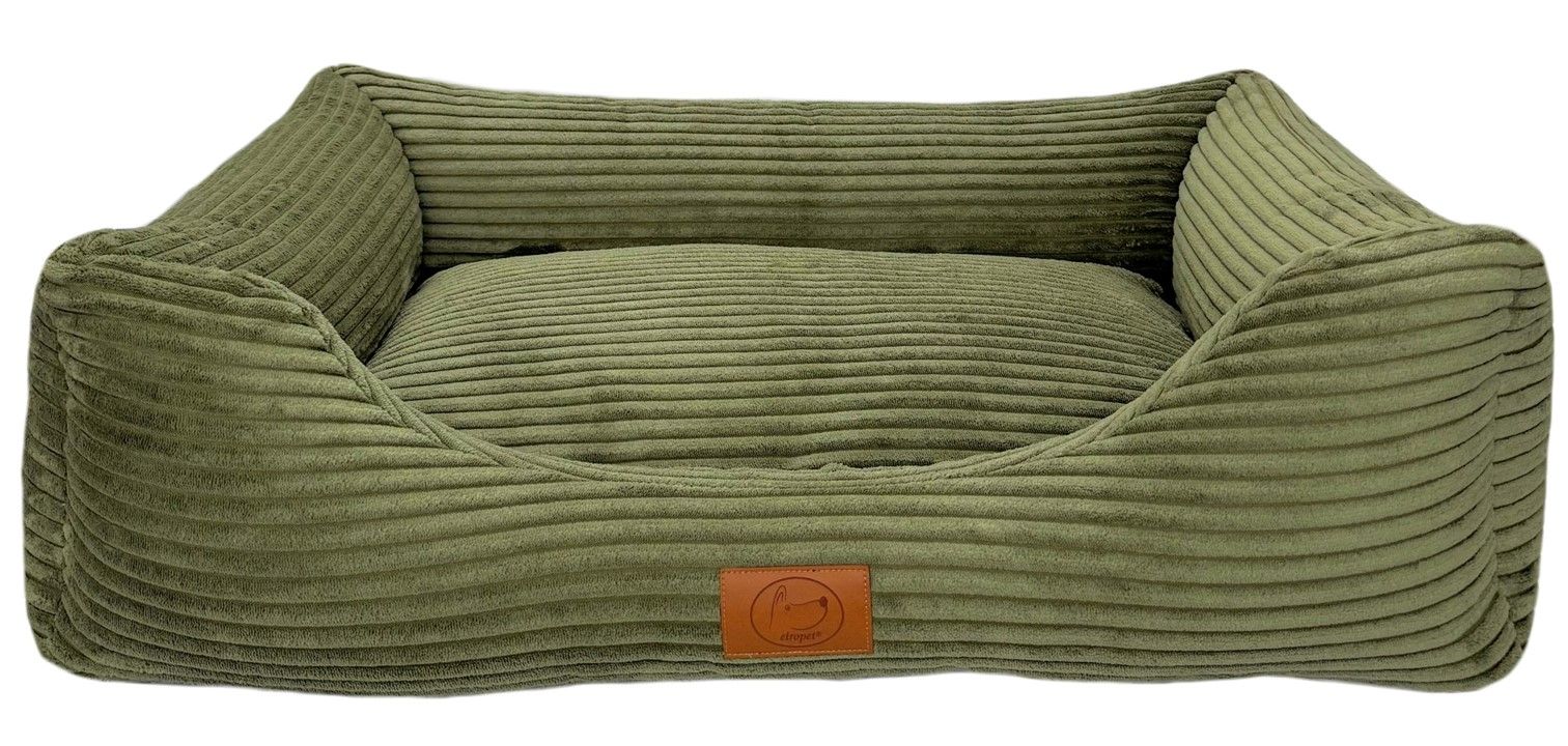 Orthopädisches Hundebett San Marino in Olivgrün aus kuscheligem Cordstoff mit formstabilem Rand und komfortabler Polsterung