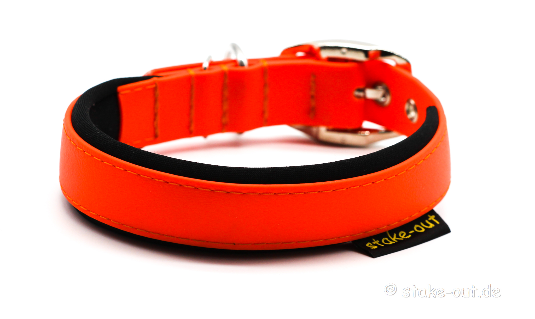 Biothane Hundehalsband 25 mm in Orange/Schwarz mit Softshell-Polsterung und Gürtelschnalle