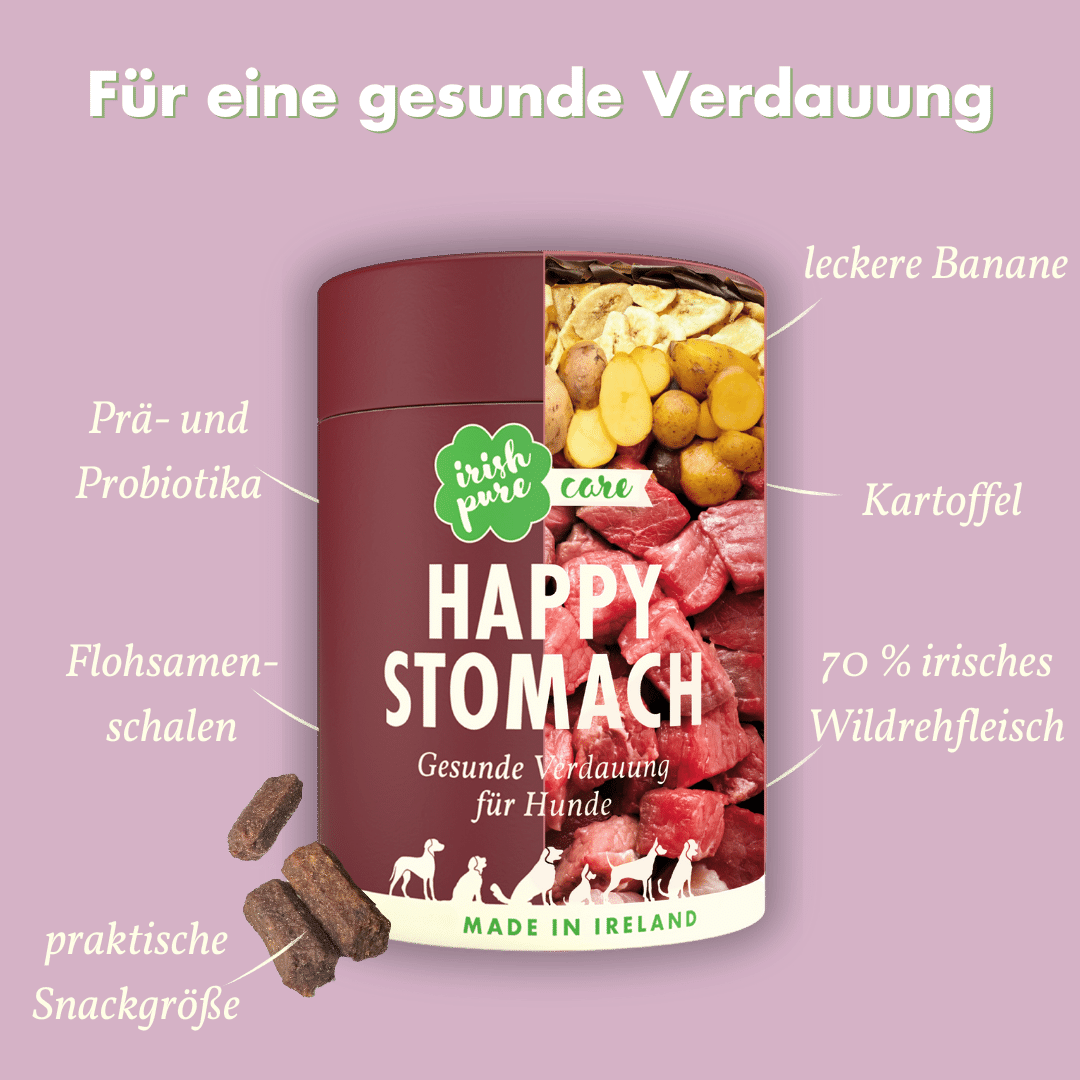 Irish Pure Happy Stomach Hundesnack zur Unterstützung der Verdauung, Produkt mit Illustration