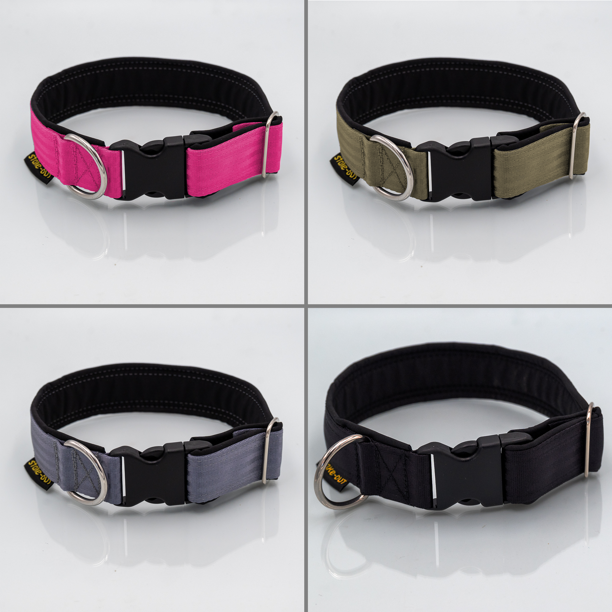 Hundehalsbänder aus Sicherheitsgurtband mit Softshell-Polsterung und Steckschnalle in vier Farbvarianten