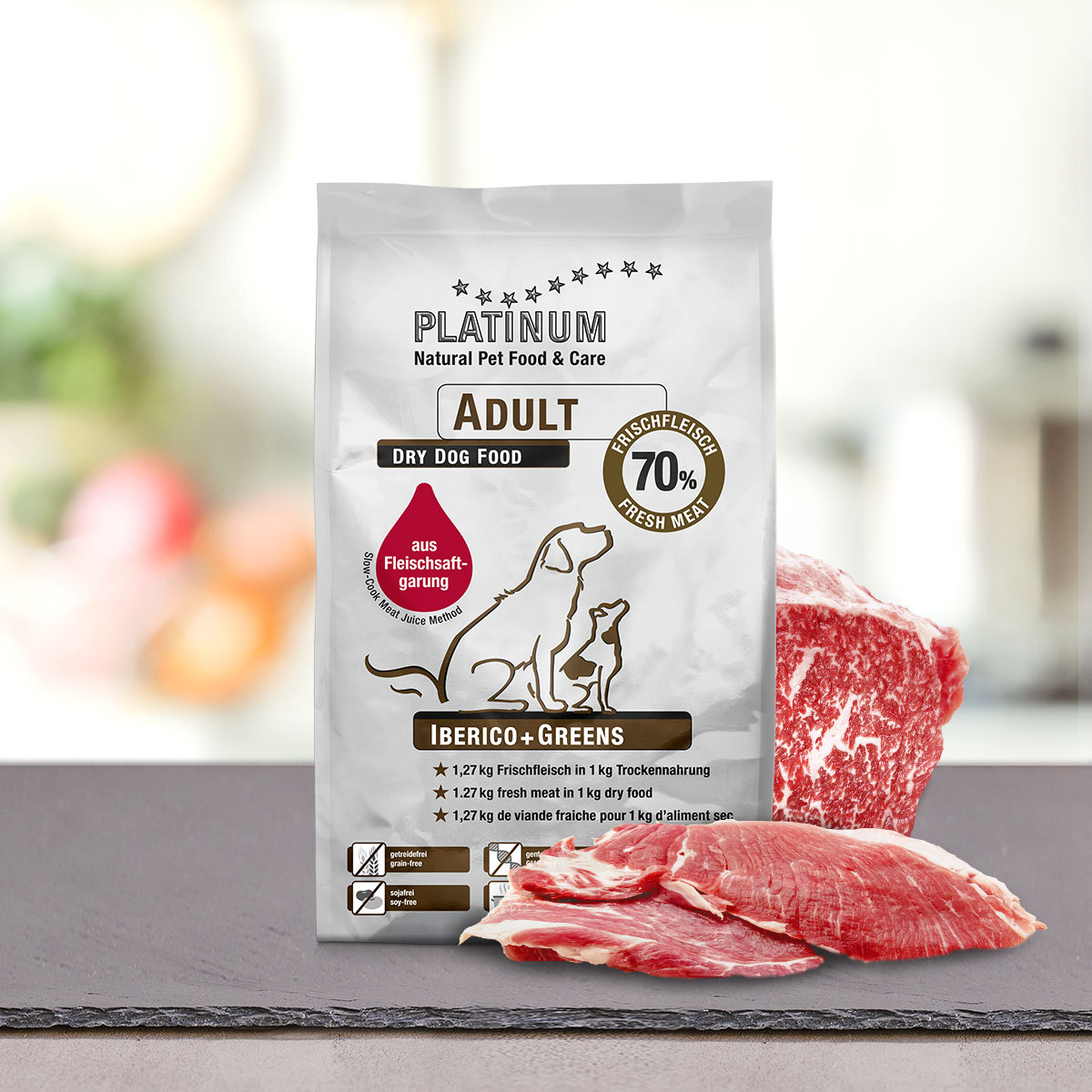 Platinum Adult Iberico & Greens Hundefutter mit Iberico-Schwein, fleischsaftgegart