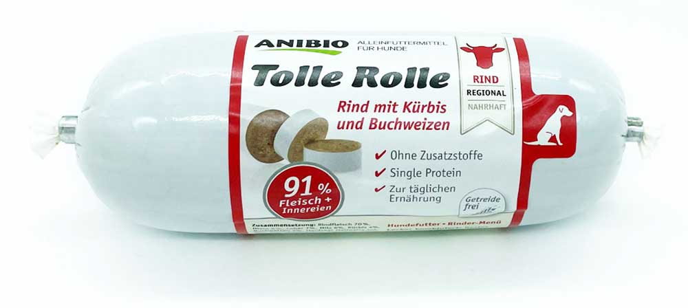 Verpackung der Anibio Tolle Rolle mit Rind, Kürbis und Buchweizen, Alleinfuttermittel für Hunde mit 91 % Fleisch und Innereien