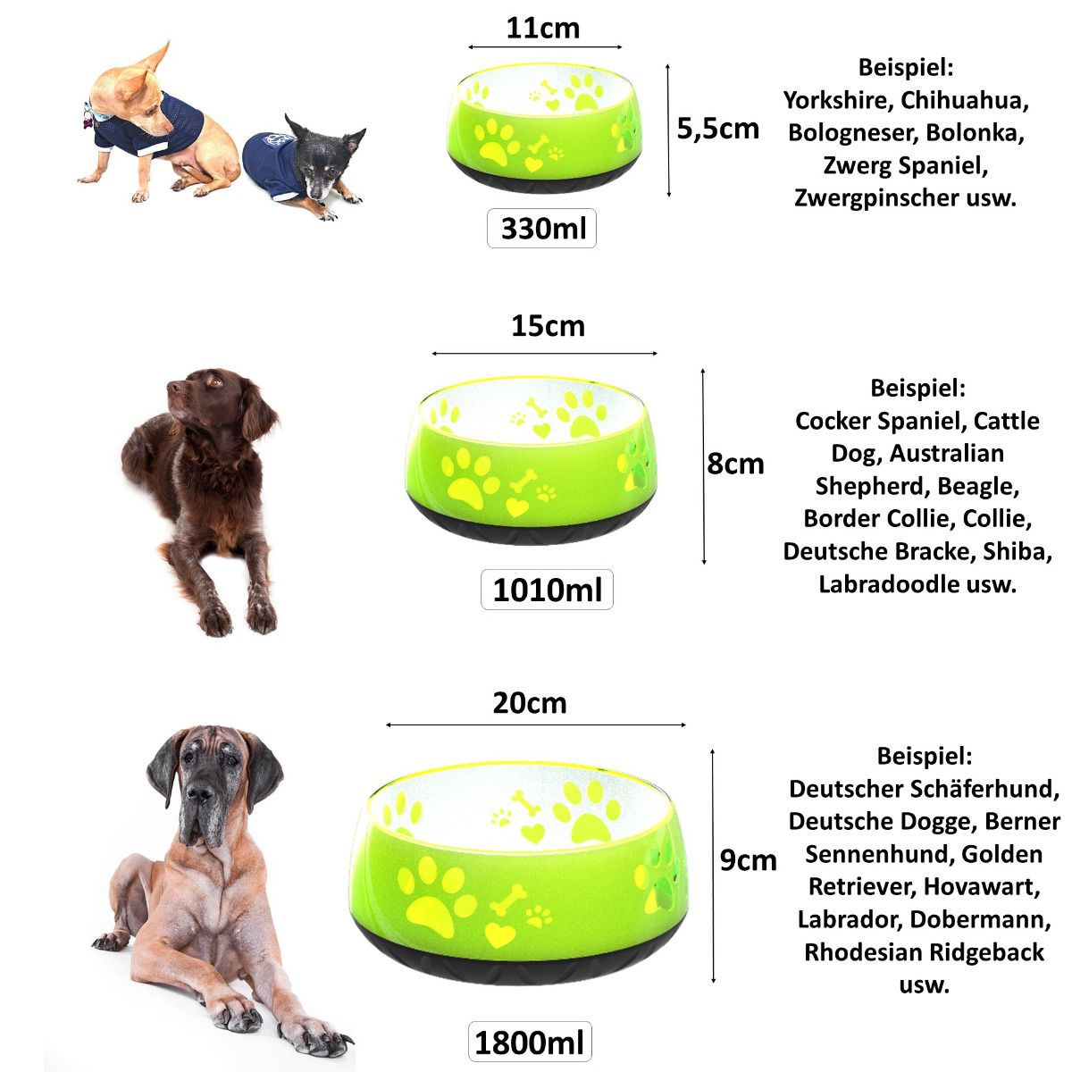 Größenübersicht des Elropet Kunststoff-Napfs in Lemon mit Pfotenmotiv in drei Größen, passend für kleine, mittlere und große Hunde.