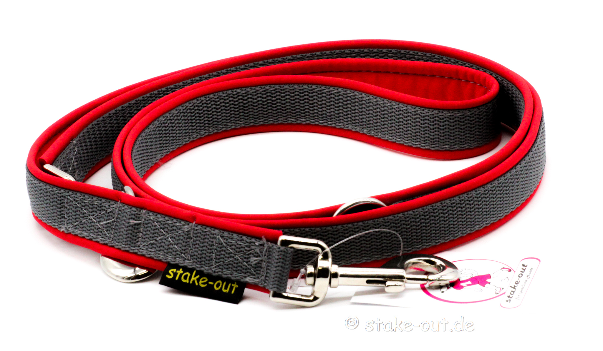 Führleine 2 m mit Softshell-Polsterung, 2-fach verstellbar, Farbe Rot / Schwarz