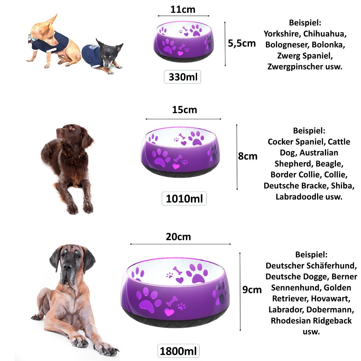 Größenübersicht des Elropet Kunststoff-Napfs in Lila mit Pfotenmotiv, erhältlich in drei Größen für verschiedene Hunderassen.
