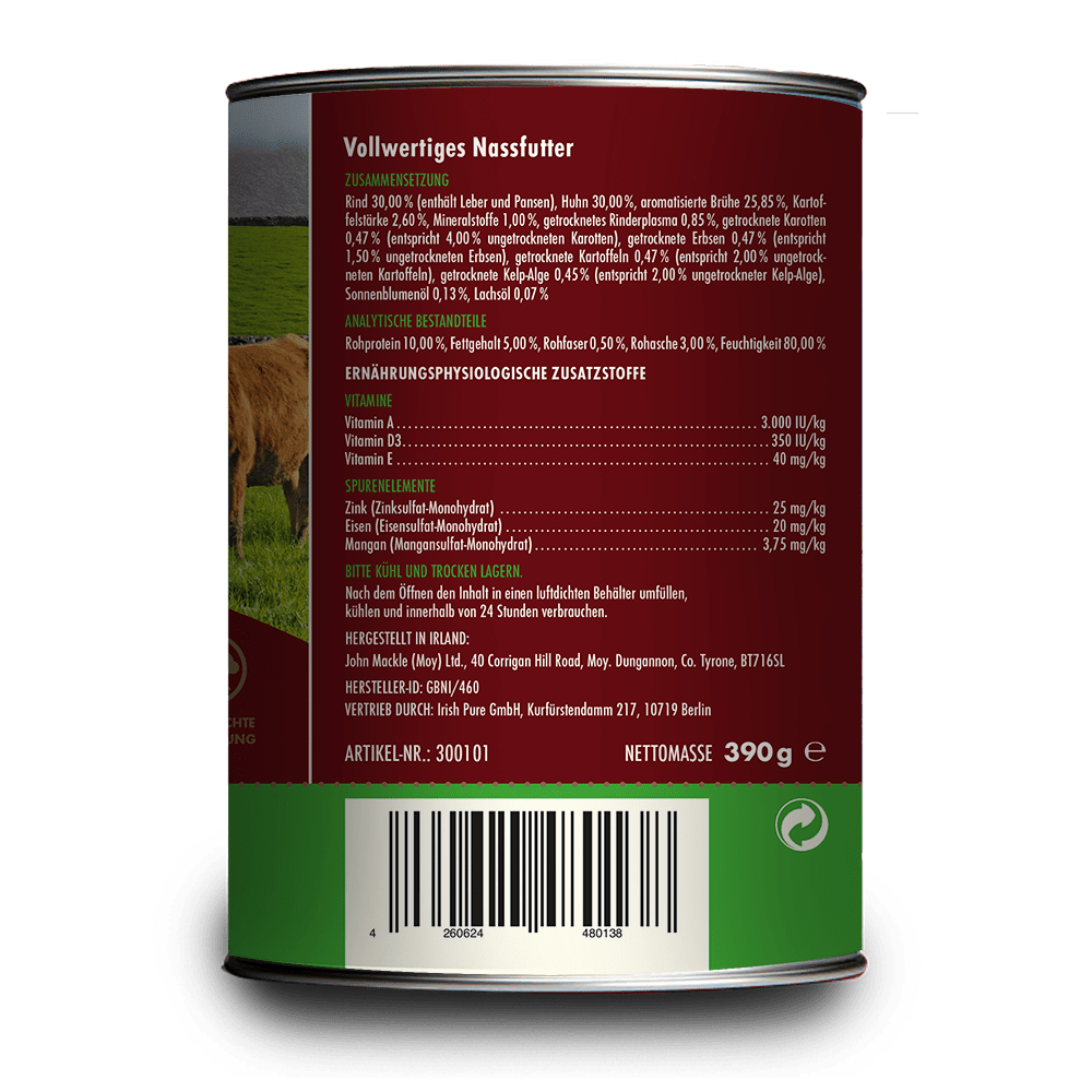 Rückseite der Irish Pure Nassfutterdose Weiderind & Freiland-Huhn mit Deklaration und Inhaltsstoffen