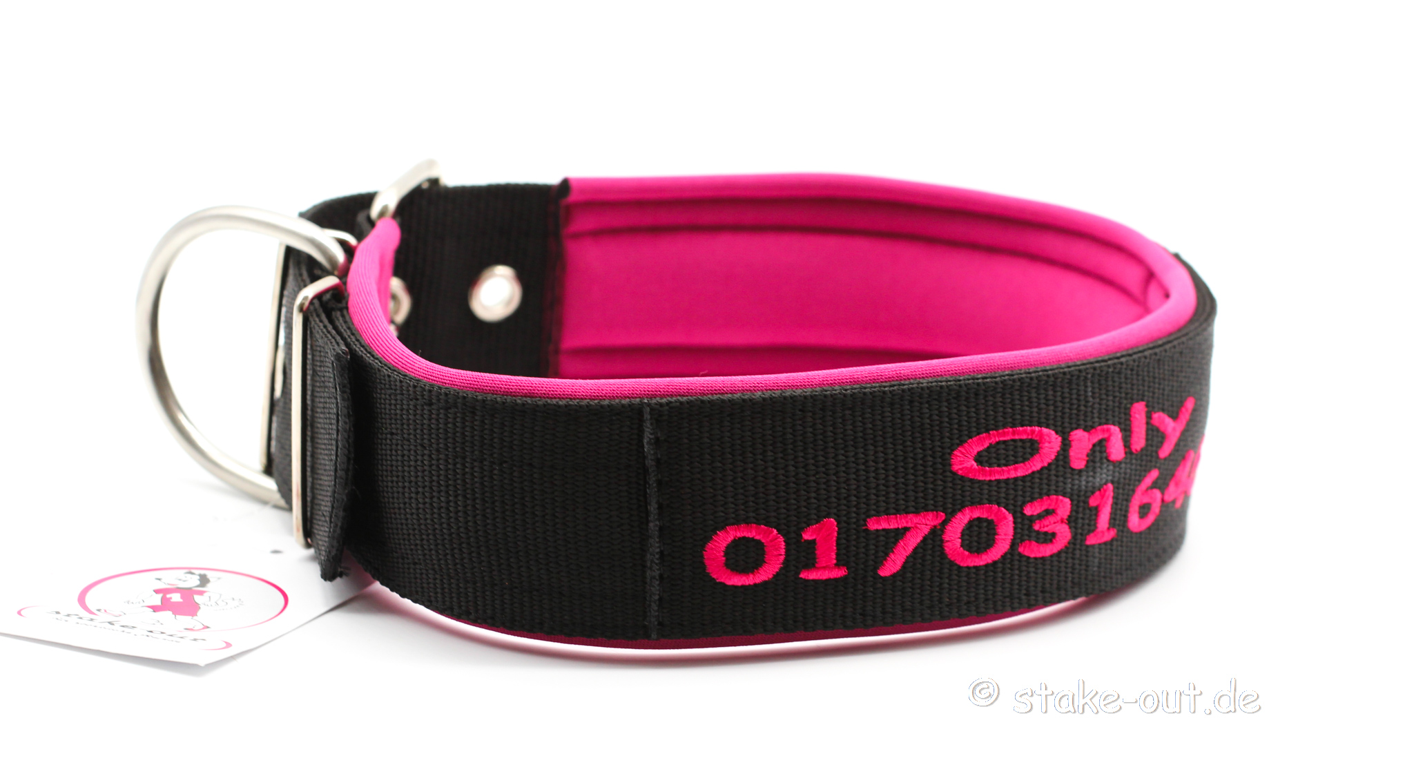 Besticktes 50 mm Hundehalsband für große Hunde in Pink/Schwarz, doppellagiges Gurtband & Softshell-Polsterung