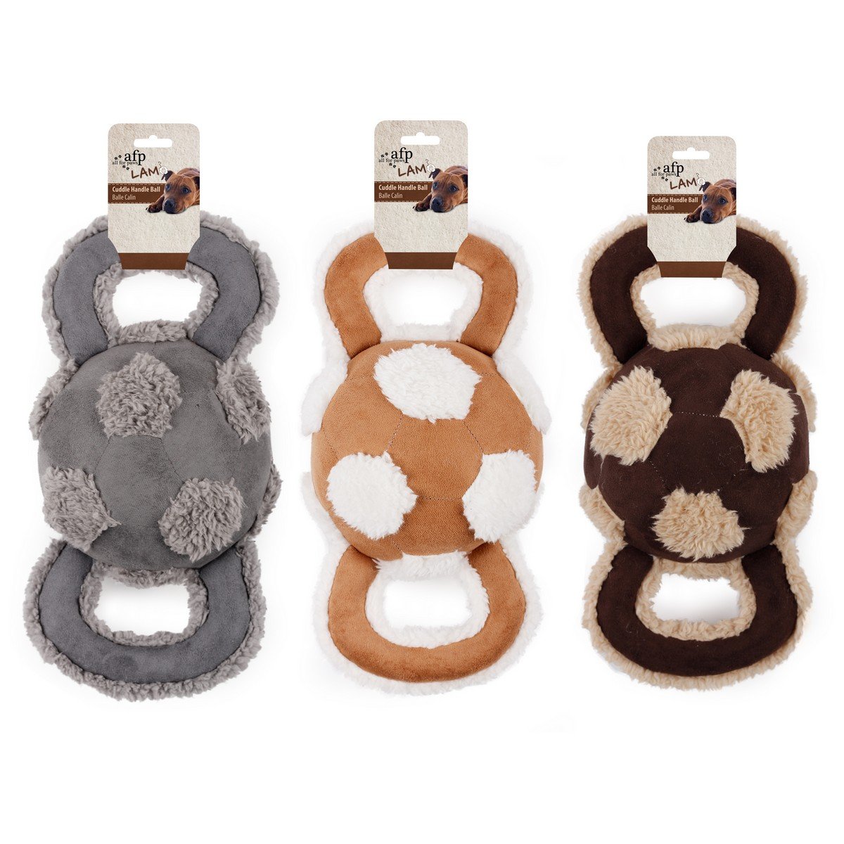 Weiches Hundespielzeug aus Plüsch in Lammoptik – Ball mit zwei Griffen in Grau, Braun und Beige für gemeinsames Spielen und Zerren