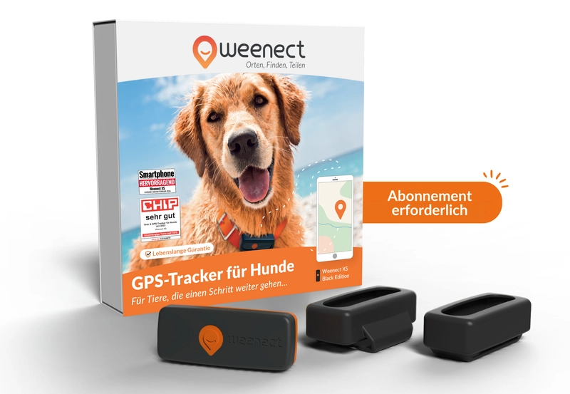 weenect gps tracker fuer hunde mit verpackung und tracker zubehoer auf weißem hintergrund