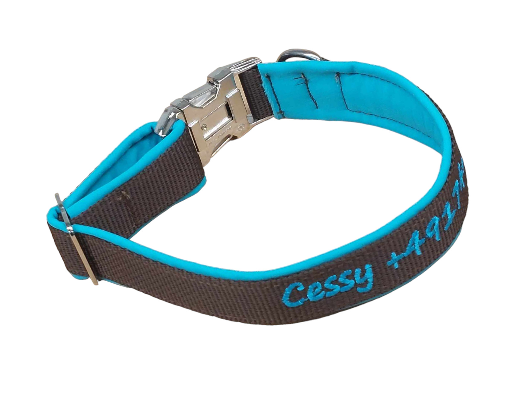 Besticktes Hundehalsband in Türkis mit Softshell-Polsterung und Kunststoffsteckschnalle