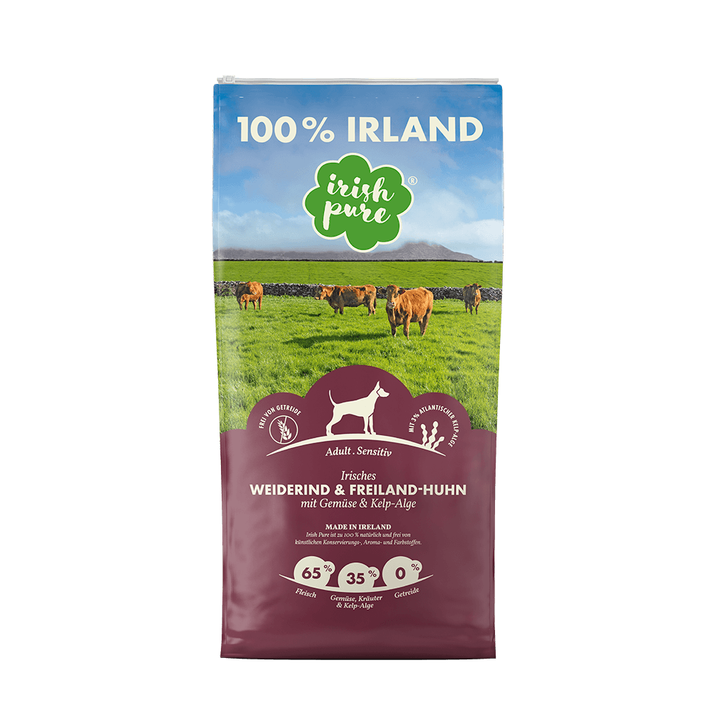 Irish Pure Adult Hundefutter mit irischem Weiderind und Freiland-Huhn, 1,5 kg, Vorderseite der Verpackung