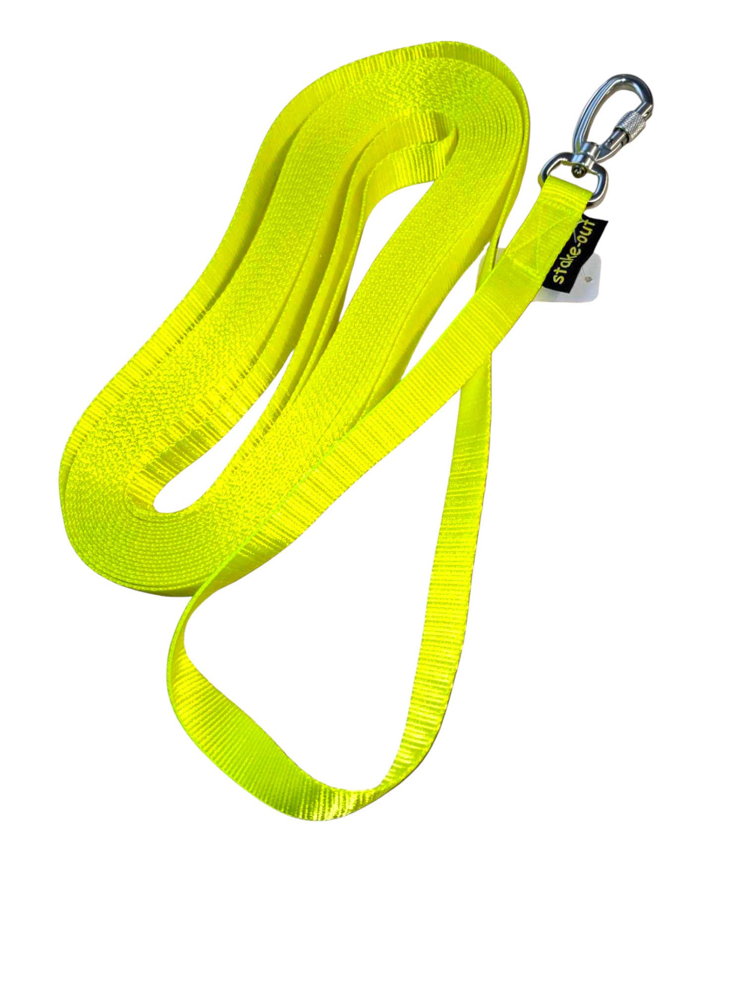 Schleppleine 5 m Neongelb mit Aluminium-Sicherheitskarabiner und Handschlaufe – Stake-Out Hundezubehör