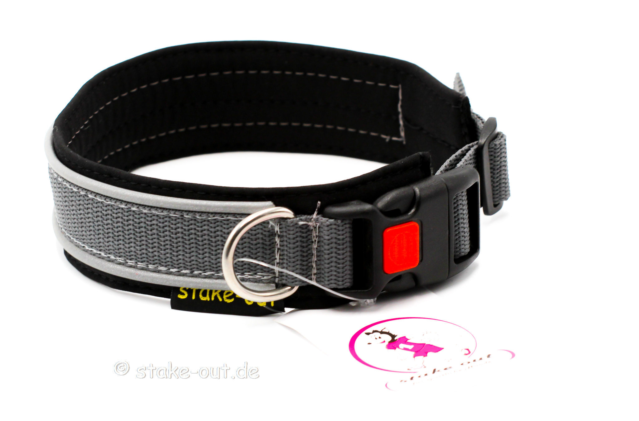 Outdoor Hundehalsband in Schwarz/Grau mit Softshell-Polsterung und reflektierender Kantenborte