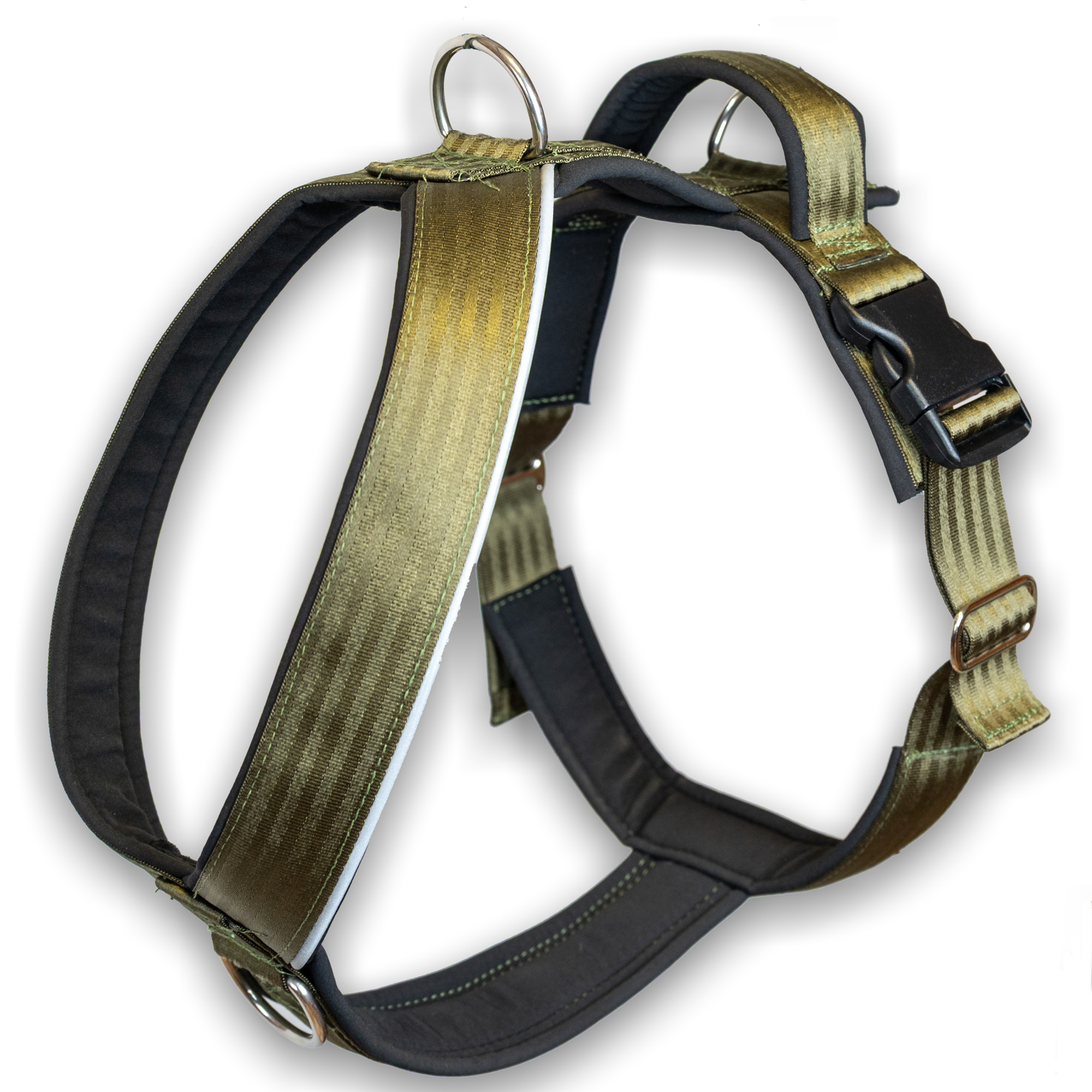 Stake-Out EXTREM Führgeschirr in Oliv-Schwarz mit reflektierender Borte und Edelstahlringen