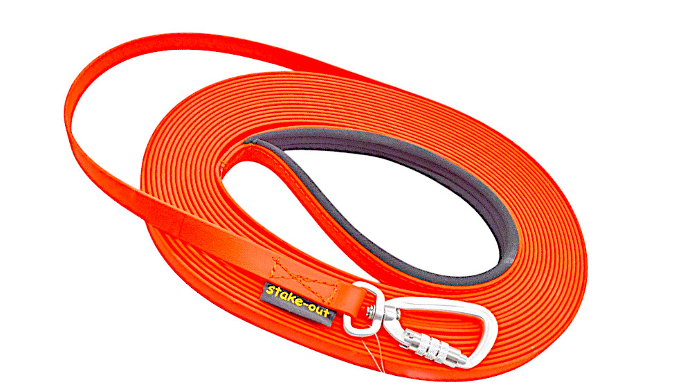 Biothane Schleppleine EXTREM in Orange mit Softshell-Handschlaufe und Aluminium-Sicherheitskarabiner – Stake-Out Hundezubehör