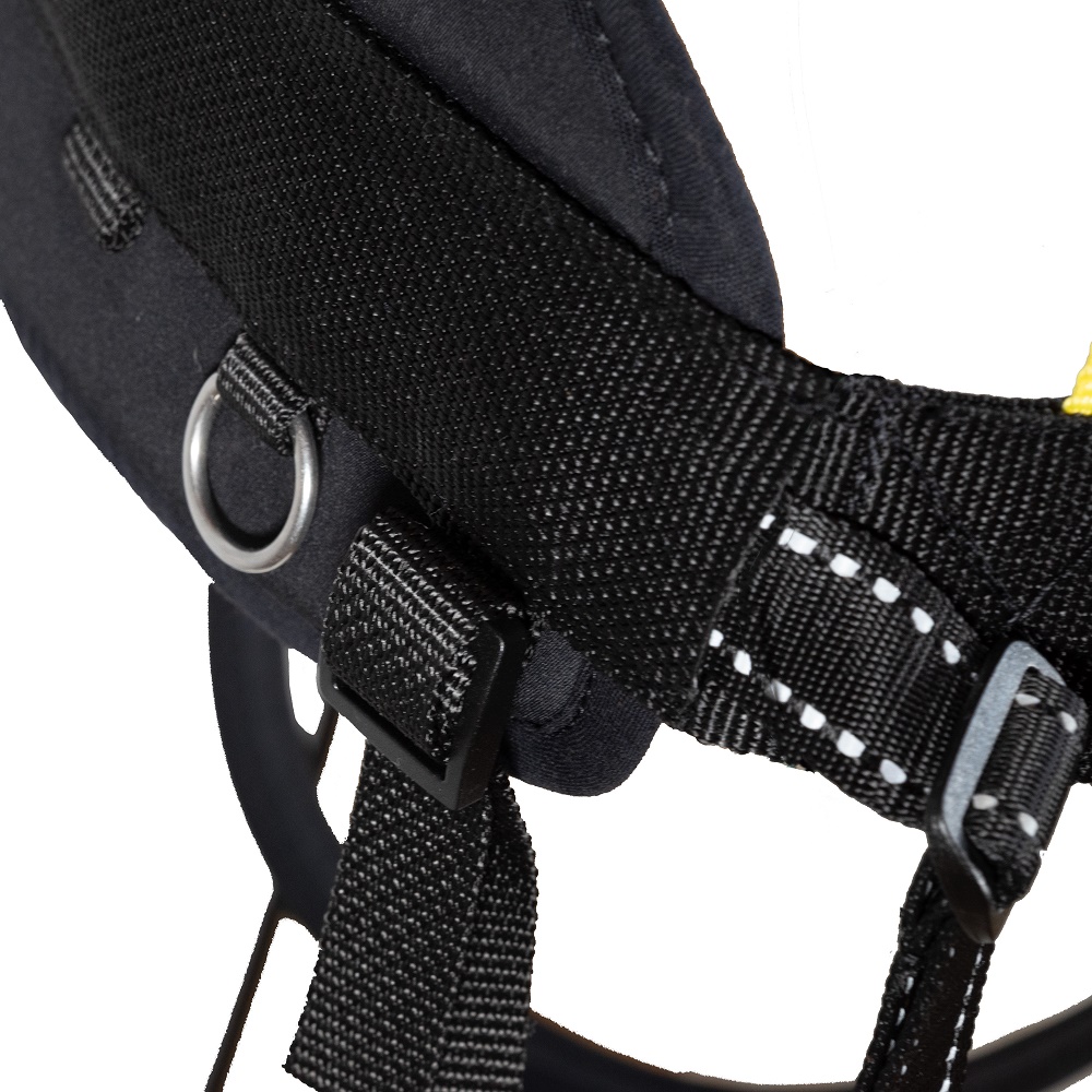 Detailaufnahme des schwarzen Gurtbands mit reflektierender Naht und D-Ring aus Metall am Zughundegürtel