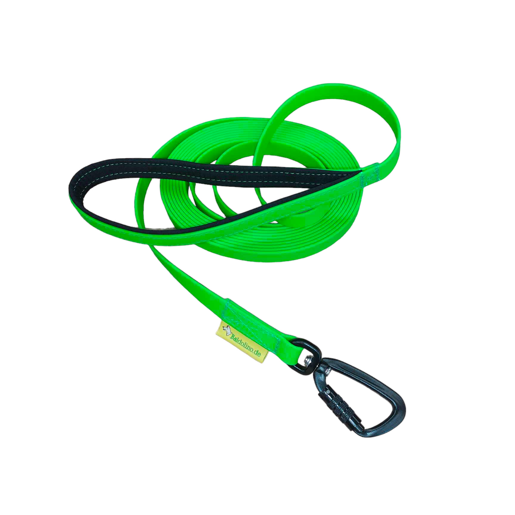 Baldolino Kunststoff-Schleppleine neongrün mit gepolsterter Handschlaufe und Aluminium-Sicherheitskarabiner