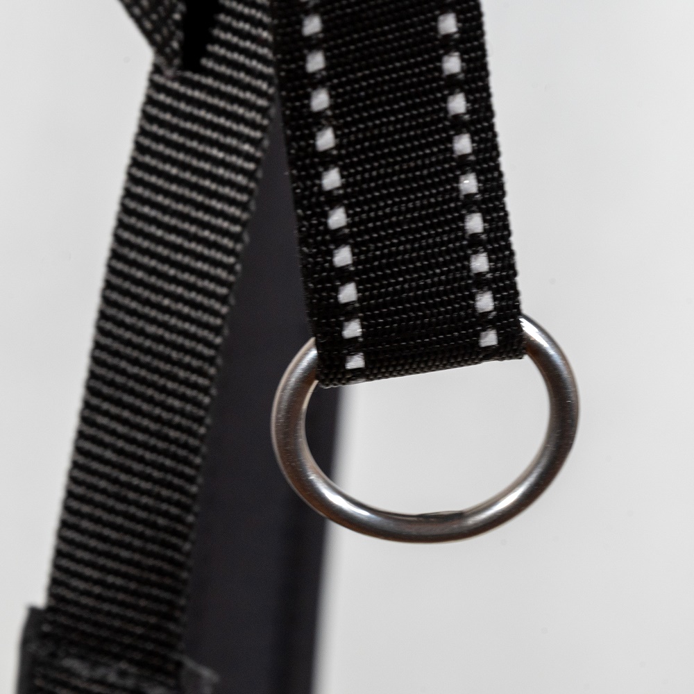 Detailaufnahme eines D-Rings aus Metall am schwarzen Gurtband mit reflektierender Naht am Zughundegürtel