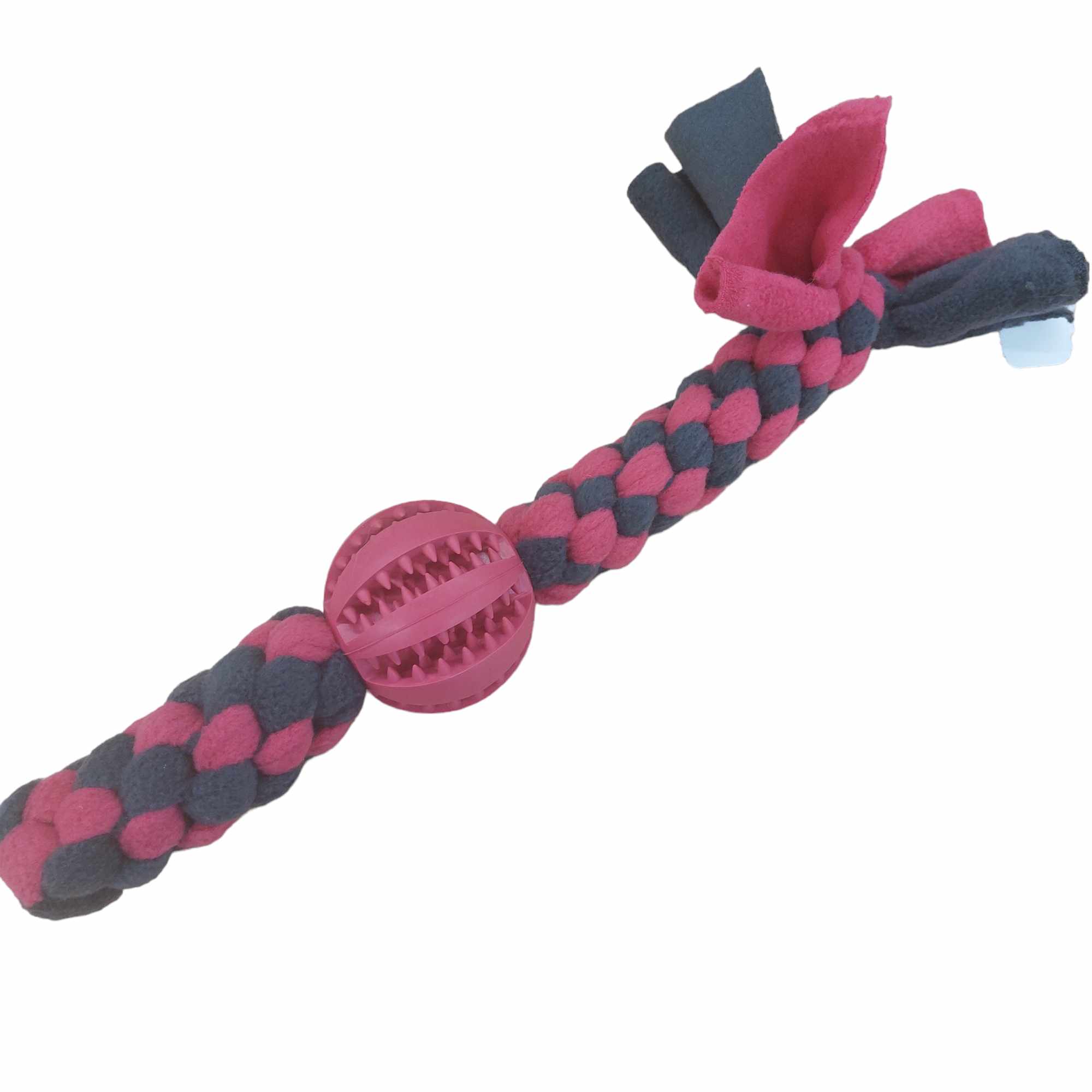 Geflochtenes Fleece-Zerrtau mit pinkfarbenem Zahnpflegeball – sanftes, zugleich langlebiges Hundespielzeug für Zerrspiele und Zahnreinigung