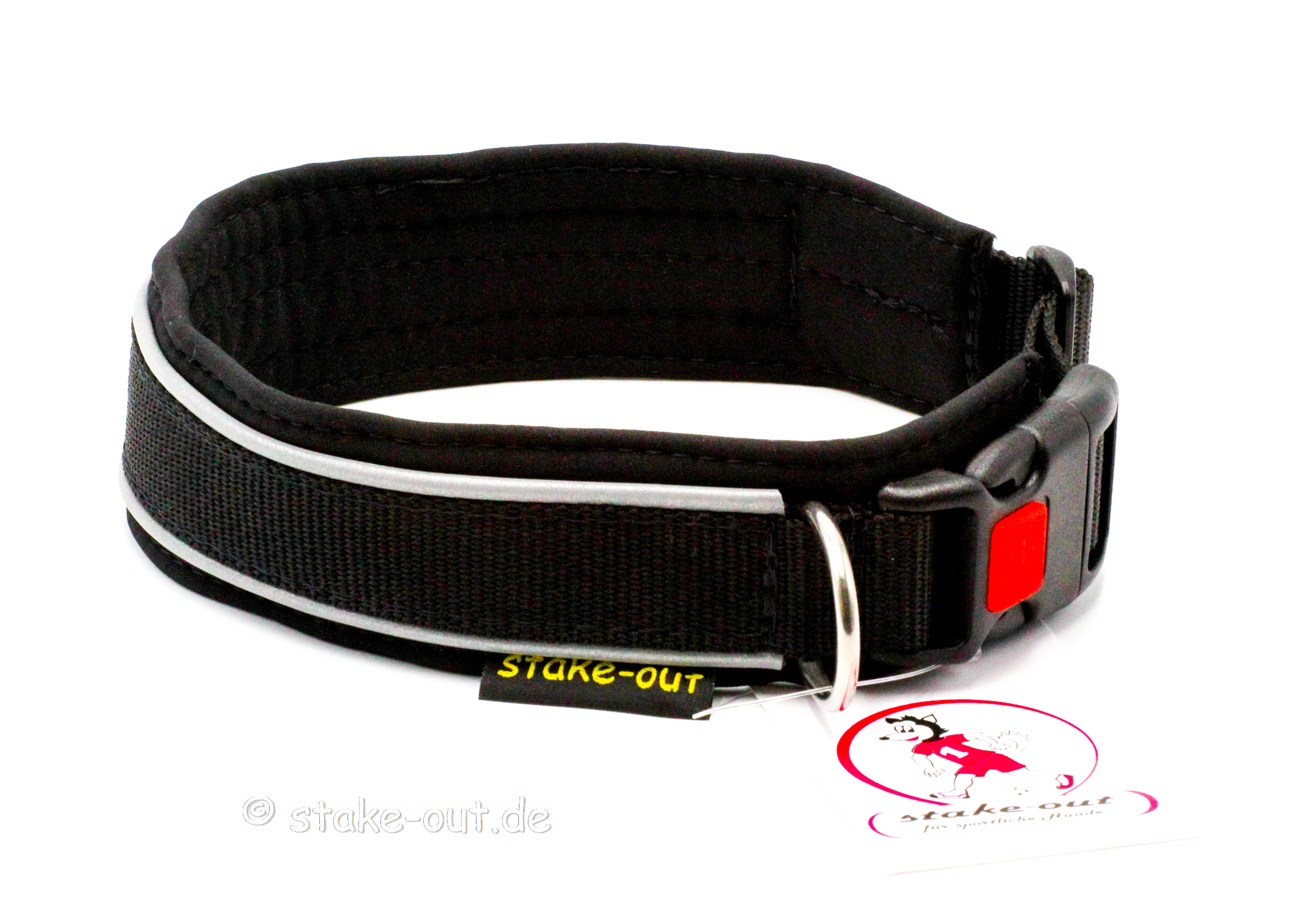 Outdoor Hundehalsband in Schwarz/Schwarz mit Softshell-Polsterung und reflektierender Kantenborte