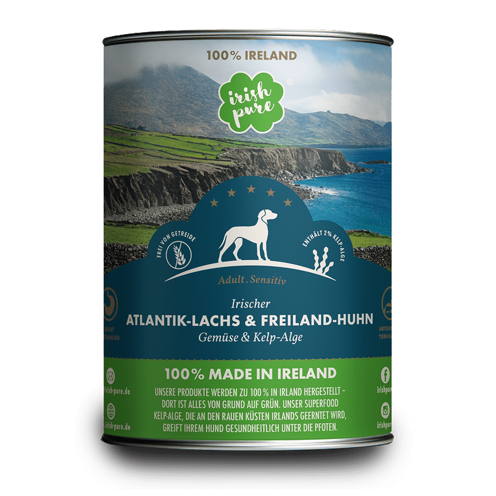 rish Pure Nassfutter Atlantik-Lachs und Freiland-Huhn, 390 g Dose, Vorderseite