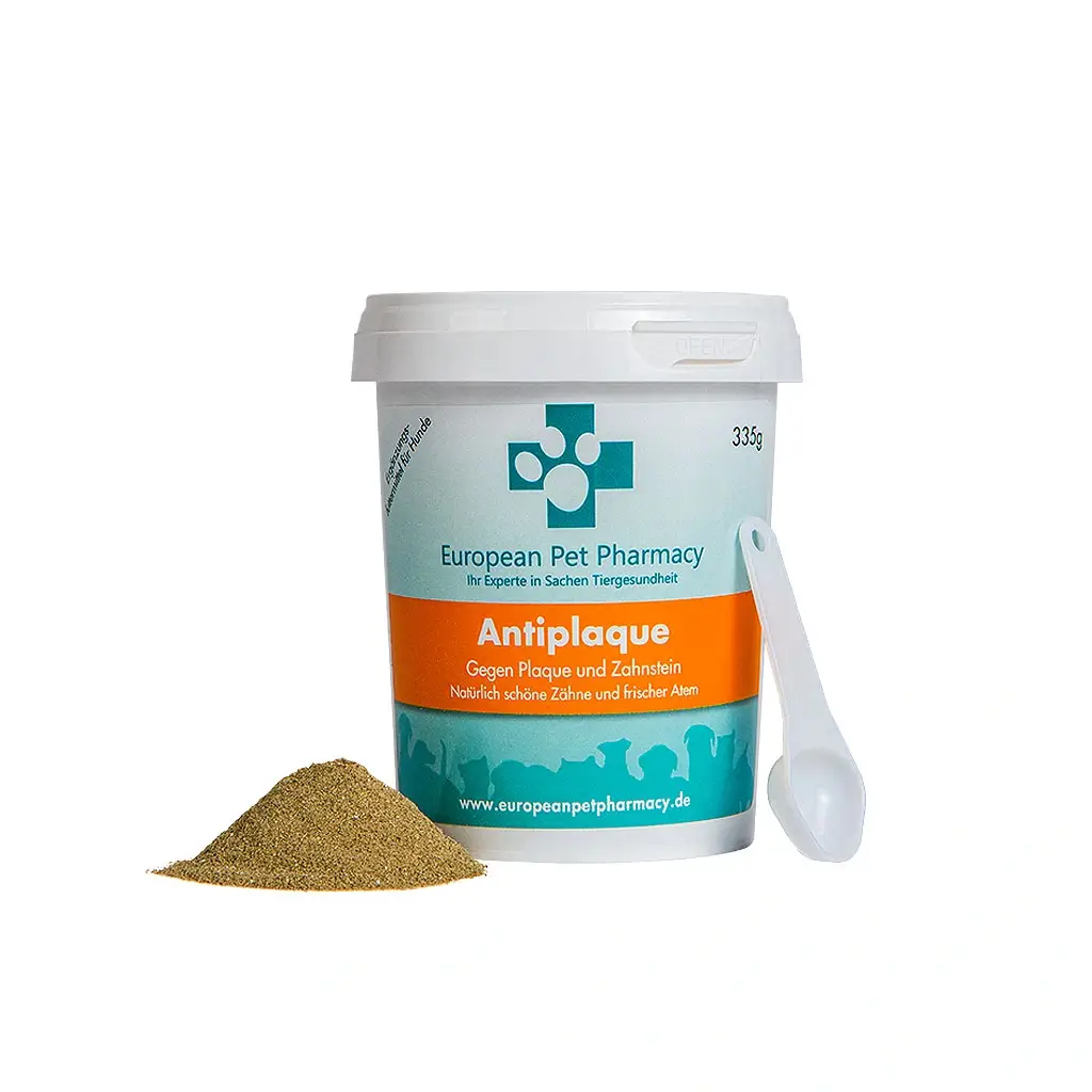 European Pet Pharmacy Antiplaque Pulver mit Messlöffel und Pulverhäufchen, zur Reduzierung von Plaque und Zahnstein bei Hunden