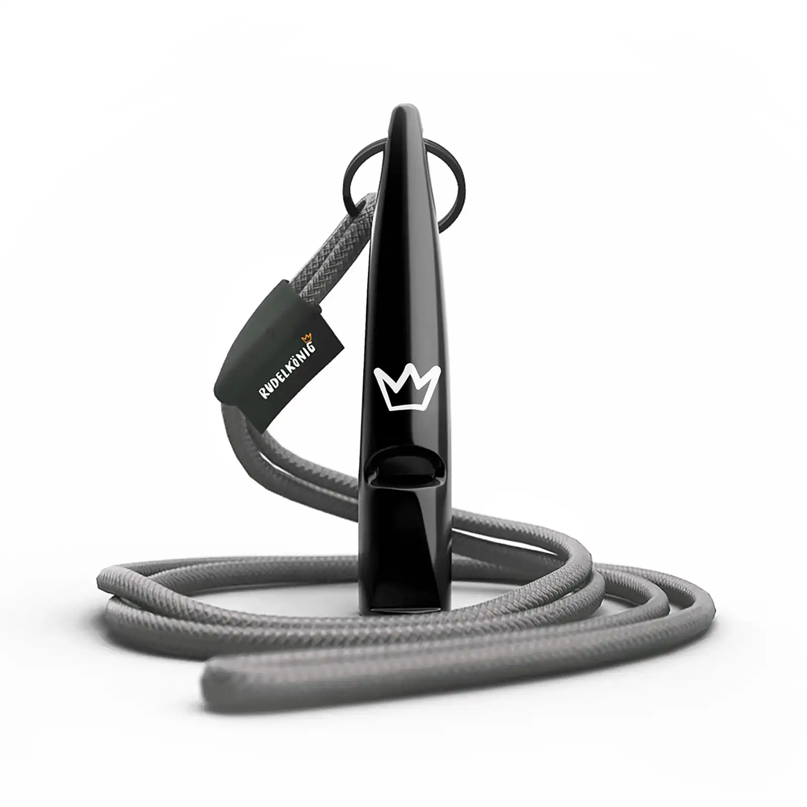 schwarze hundepfeife mit grauer kordel auf weißem hintergrund