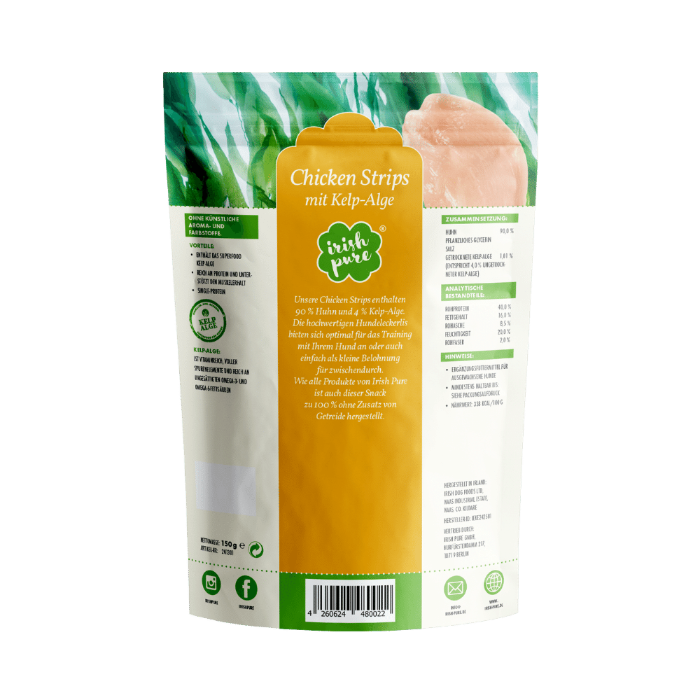 Rückseite der Irish Pure Chicken Strips Verpackung mit Zutaten und Deklaration