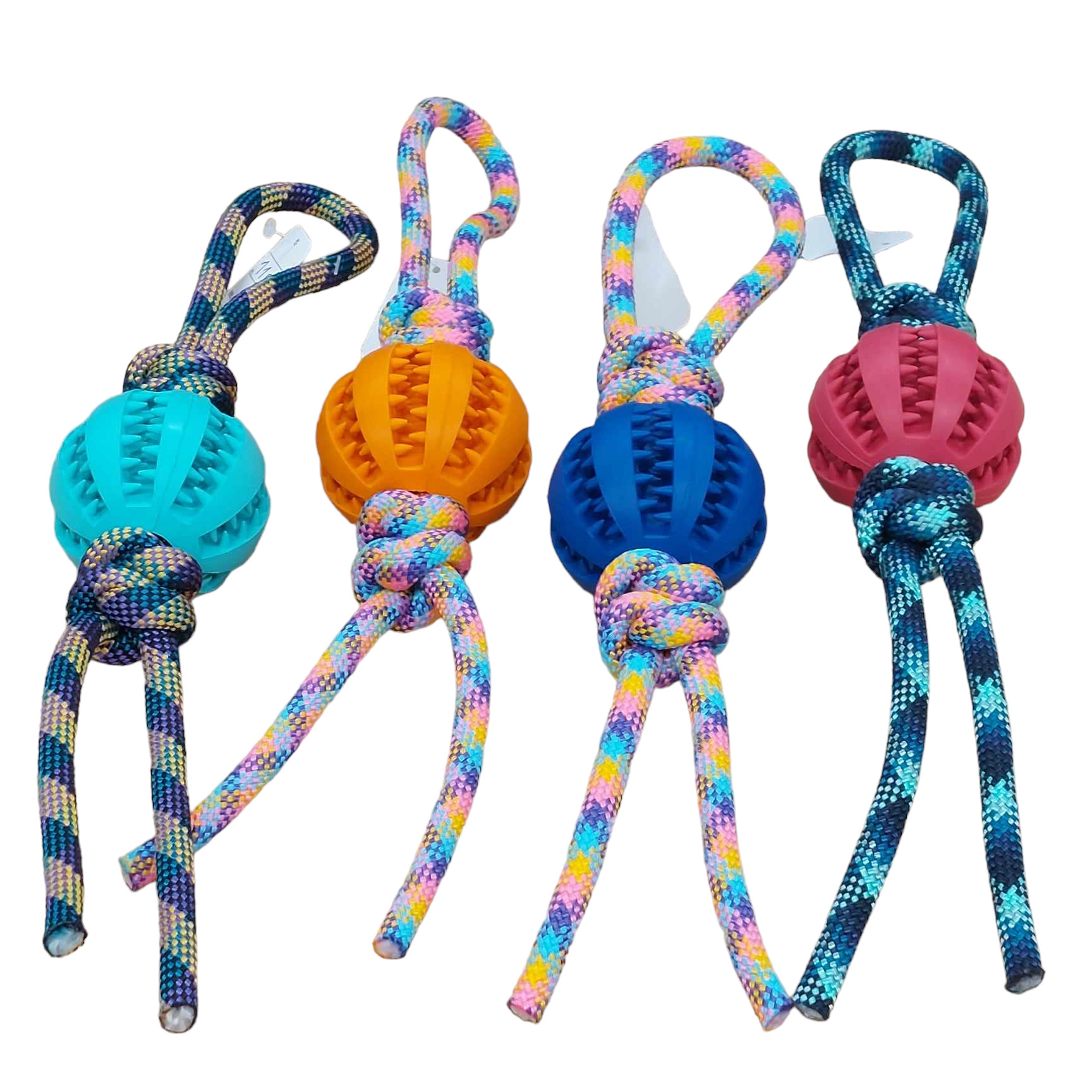 Doppelter Knotentau mit Zahnpflegeball in verschiedenen Farben – robustes Hundespielzeug zur Zahnpflege und zum Zerren