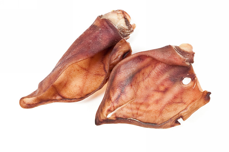 Zwei getrocknete Schweineohren als natürlicher Kauartikel für Hunde auf weißem Hintergrund