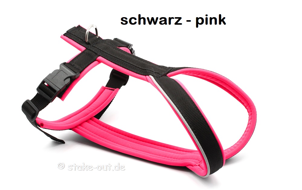 Stake-Out Outdoor Führgeschirr in Schwarz-Pink mit Softshell-Polster und Edelstahlring