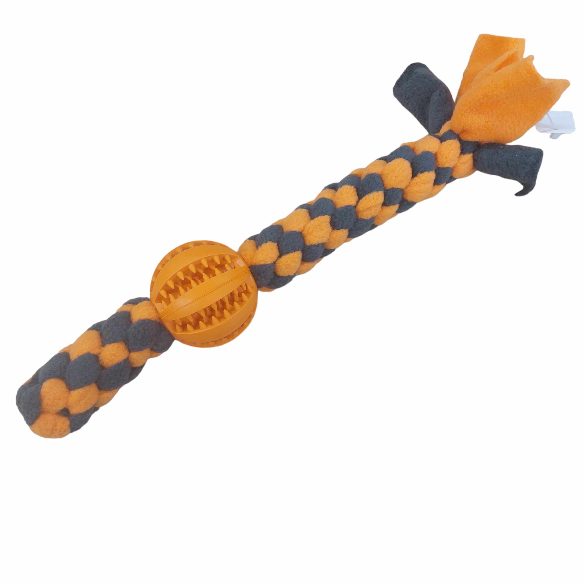 Geflochtenes Fleece-Zerrtau mit orangefarbenem Zahnpflegeball – strapazierfähiges Hundespielzeug für Spiel, Training und Zahnpflege