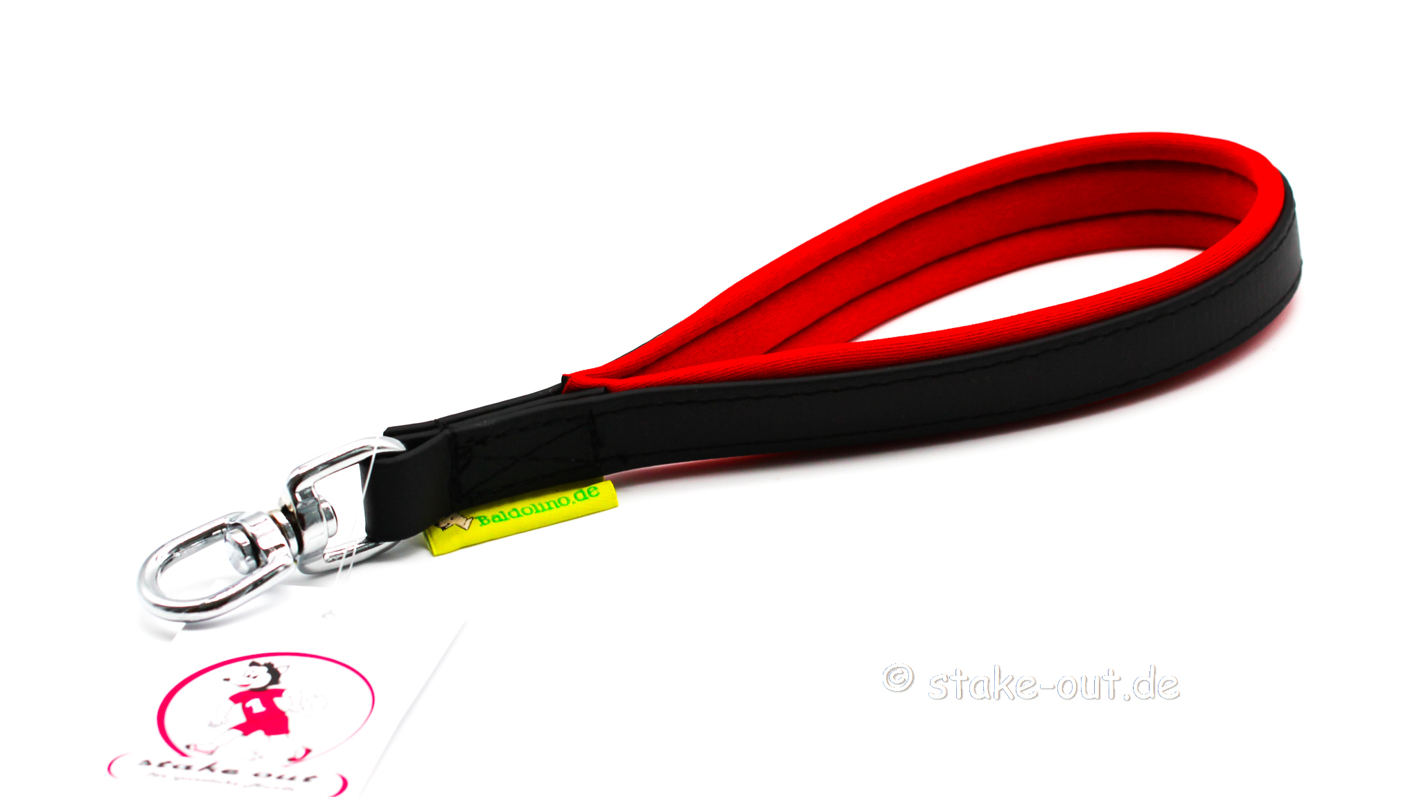 Rote Baldolino Handschlaufe aus Biothane mit Neoprenpolster und Drehwirbel