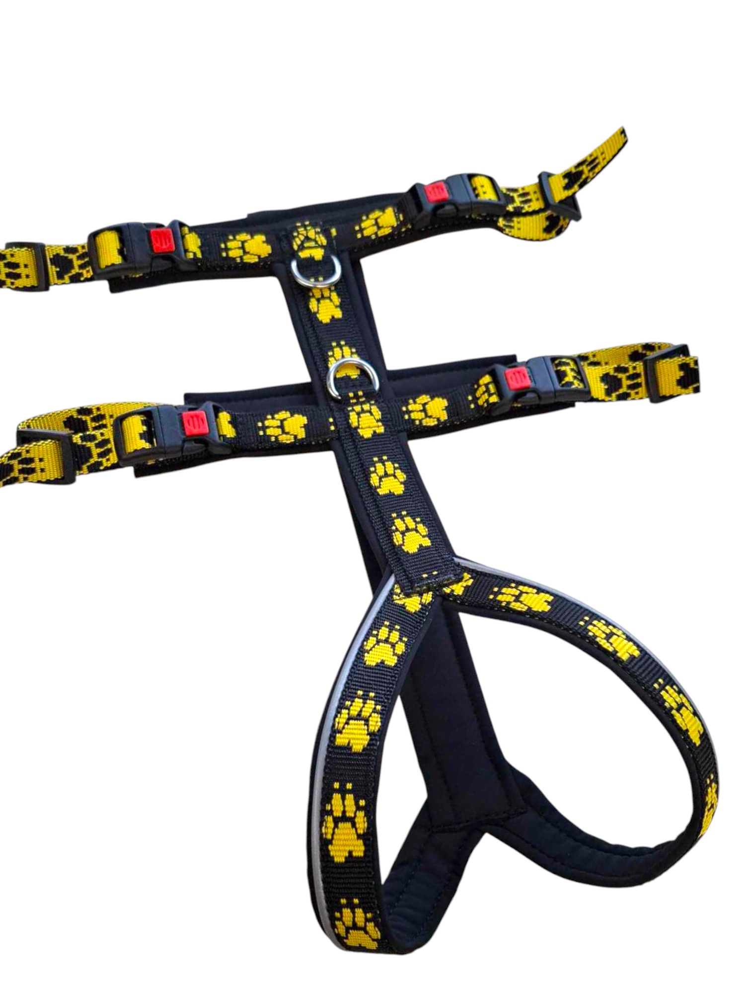 Stake-Out Sicherheitsgeschirr Größe S in Schwarz mit gelben Pfoten und Softshell-Polsterung