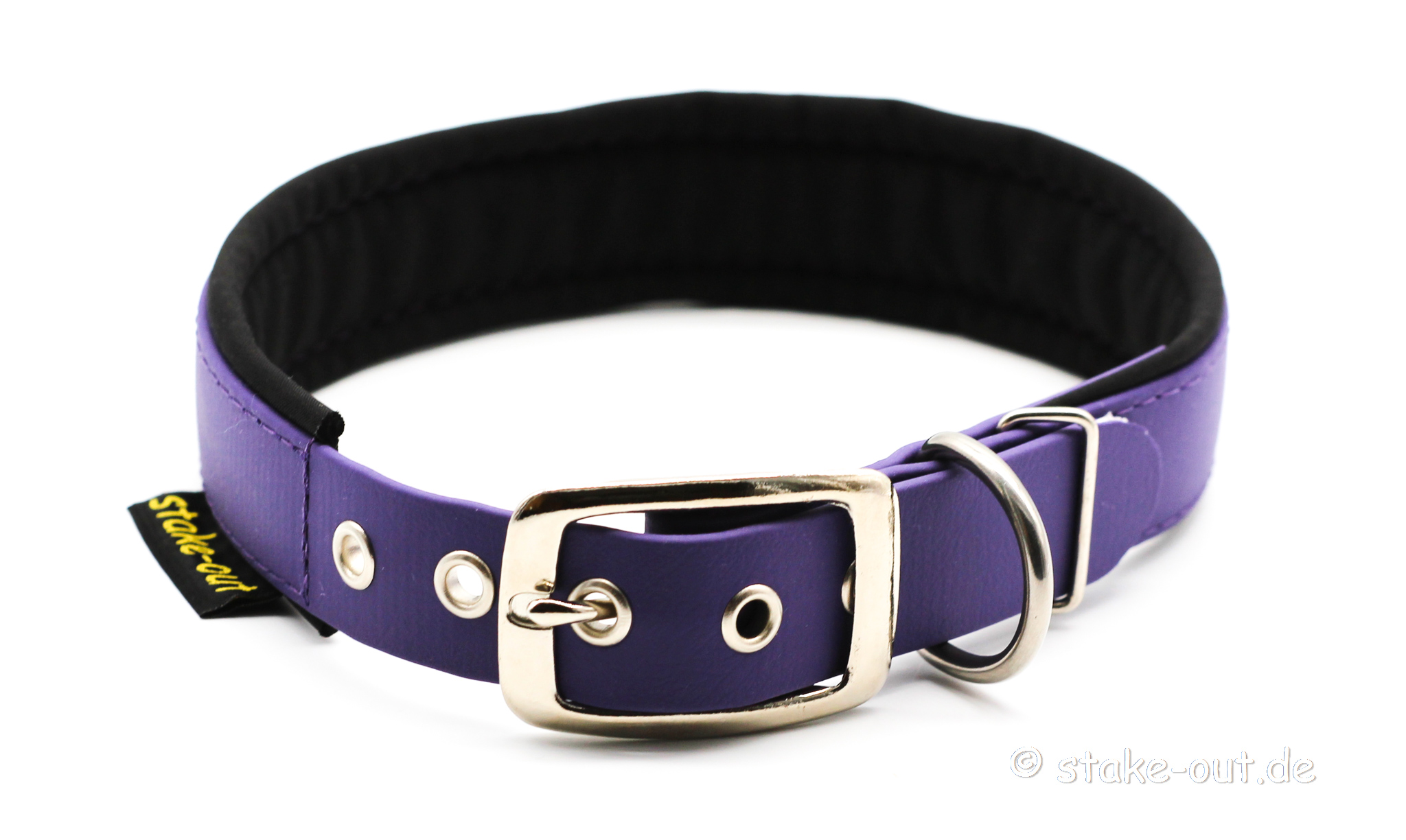 Biothane Hundehalsband 25 mm in Schwarz/Lila mit Softshell-Polsterung und Gürtelschnalle