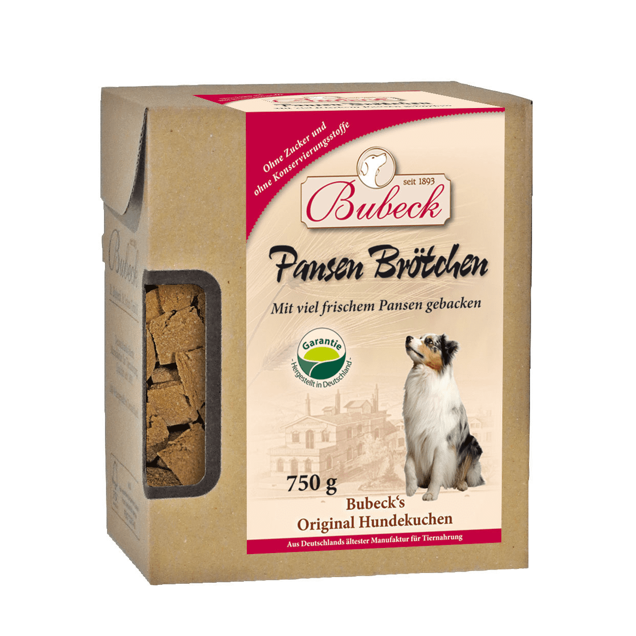 Verpackung der Bubeck Pansen Brötchen mit frischem Pansen, traditionell gebacken und hergestellt in Deutschland