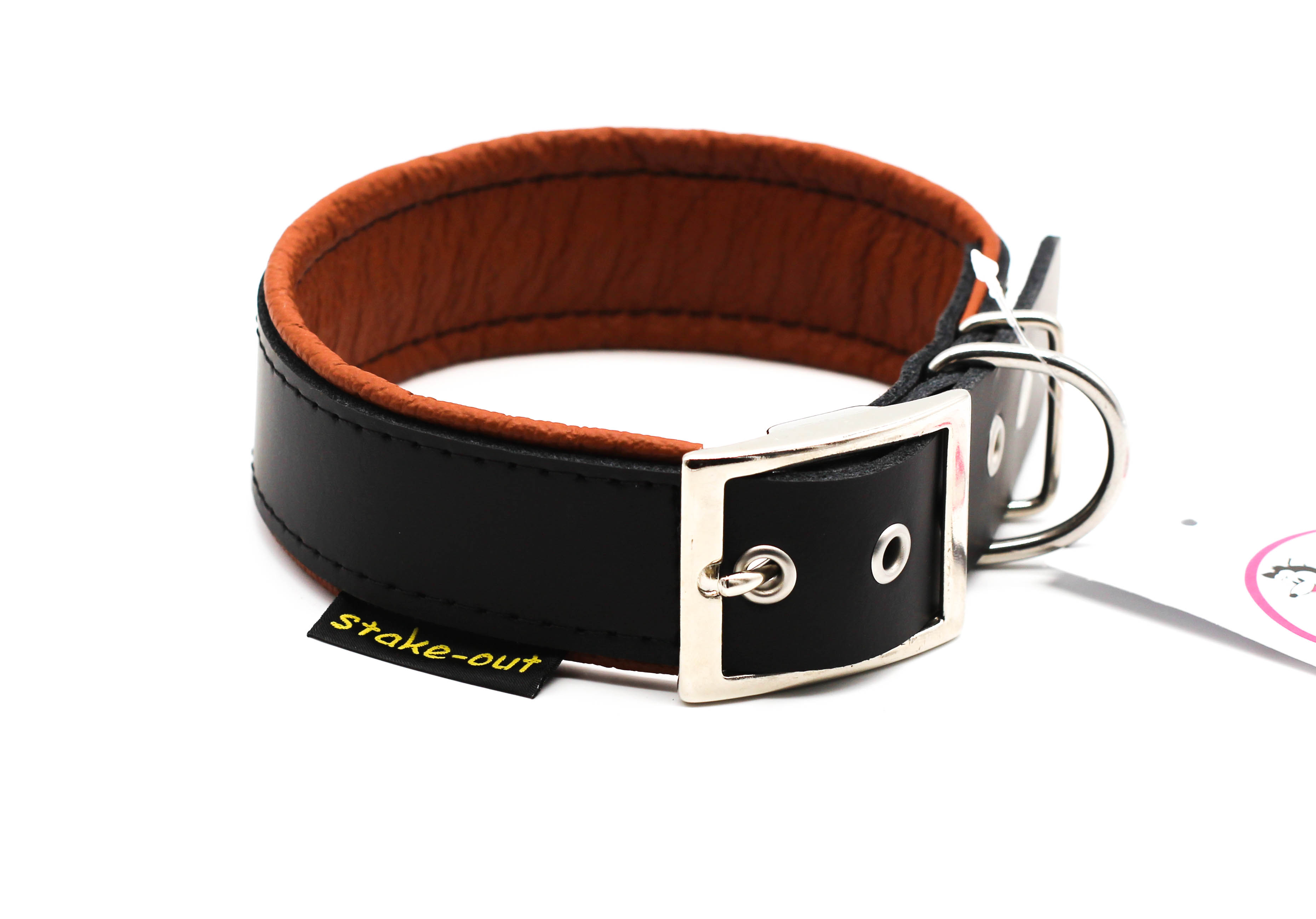 Leder-Hundehalsband Braun/Schwarz mit silberner Gürtelschnalle und Nappapolsterung