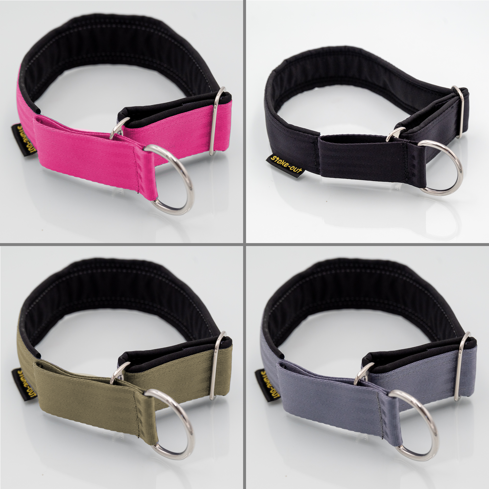 Zugstopp-Hundehalsbänder aus Sicherheitsgurtband mit Softshell-Polsterung in vier Farbvarianten